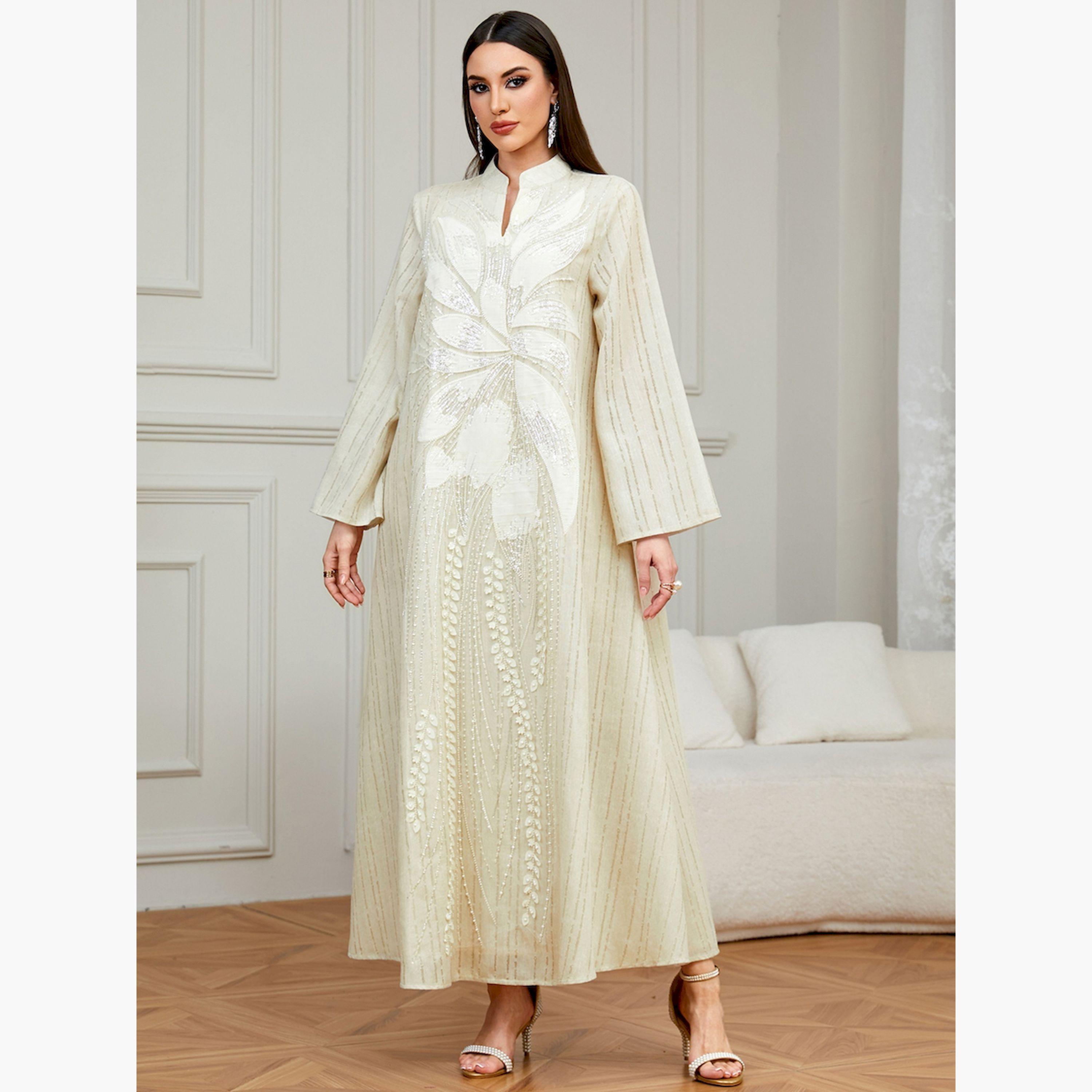 Take Two Beige Floral Embellished A-Line Jalabiya-women-arabicclothing-jalabiyas-image-4