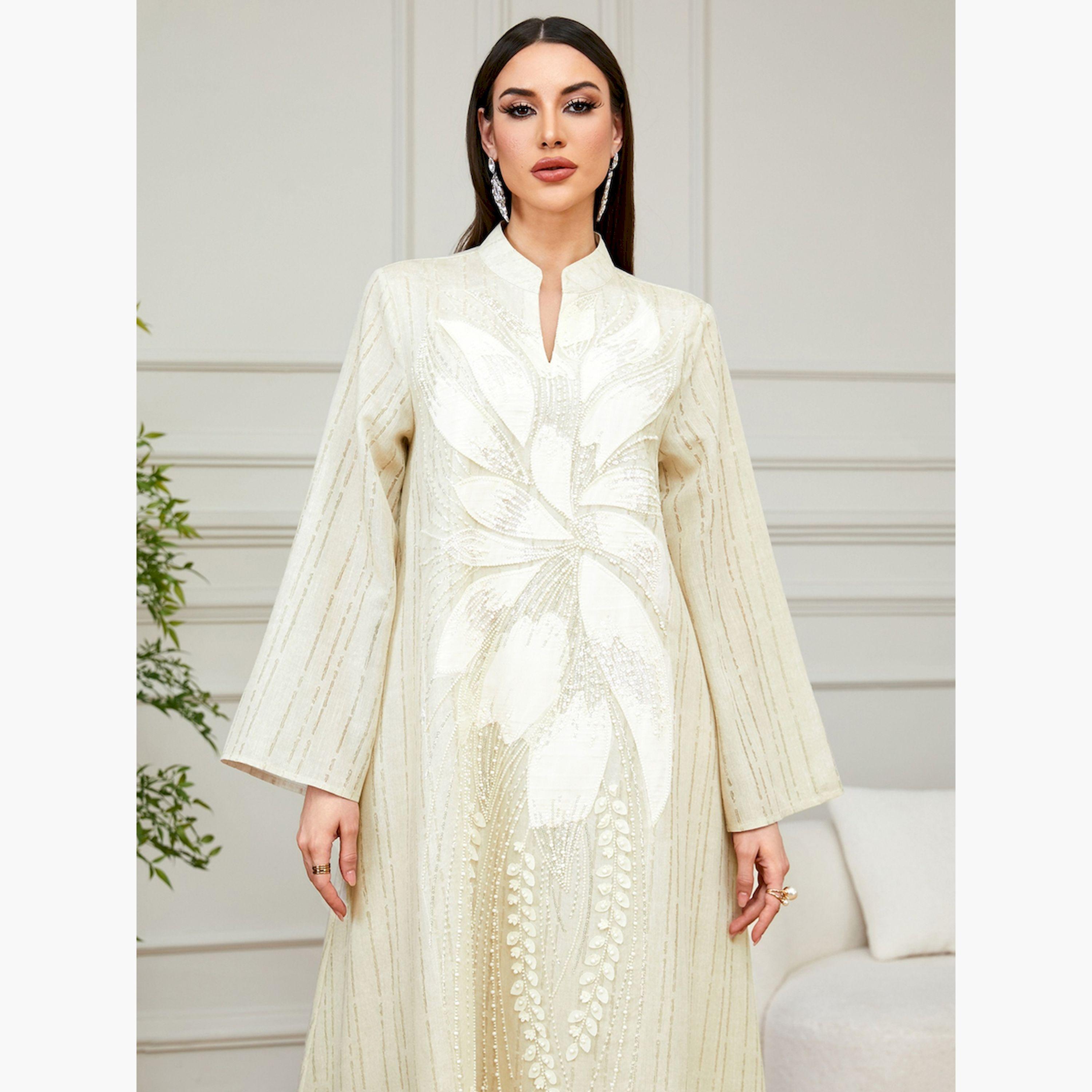 تيك تو × ستايلي - جلابية بيج نقشة زهرية تصميم A-women-arabicclothing-jalabiyas-image-5