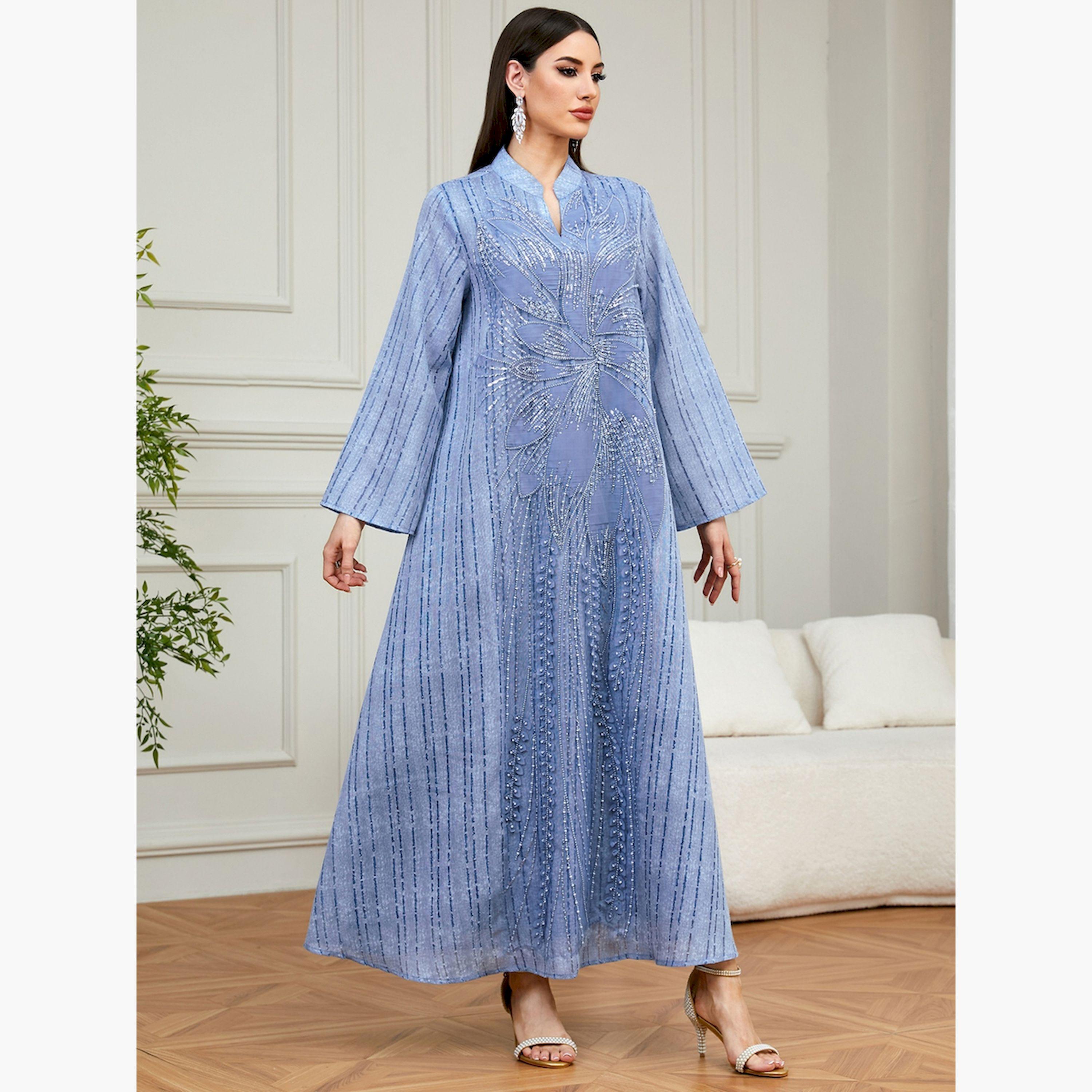 تيك تو × ستايلي - جلابية زرقاء مزينة بالترتر تصميم A-women-arabicclothing-jalabiyas-image-2