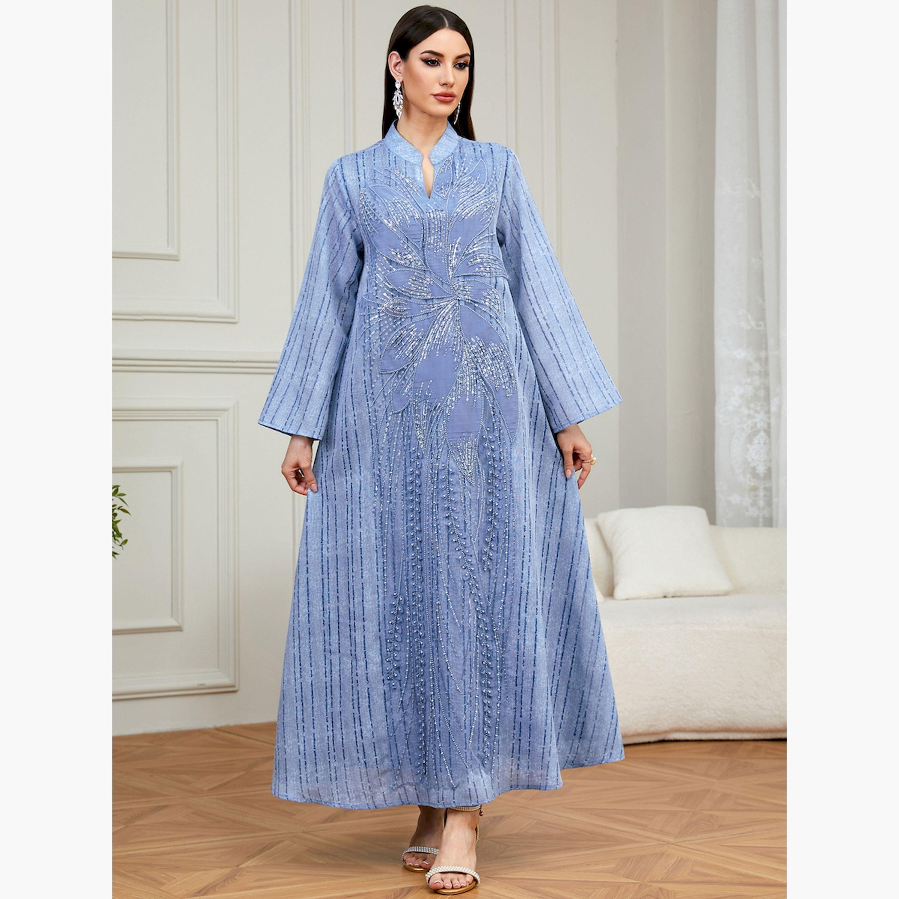 تيك تو × ستايلي - جلابية زرقاء مزينة بالترتر تصميم A-women-arabicclothing-jalabiyas-image-3