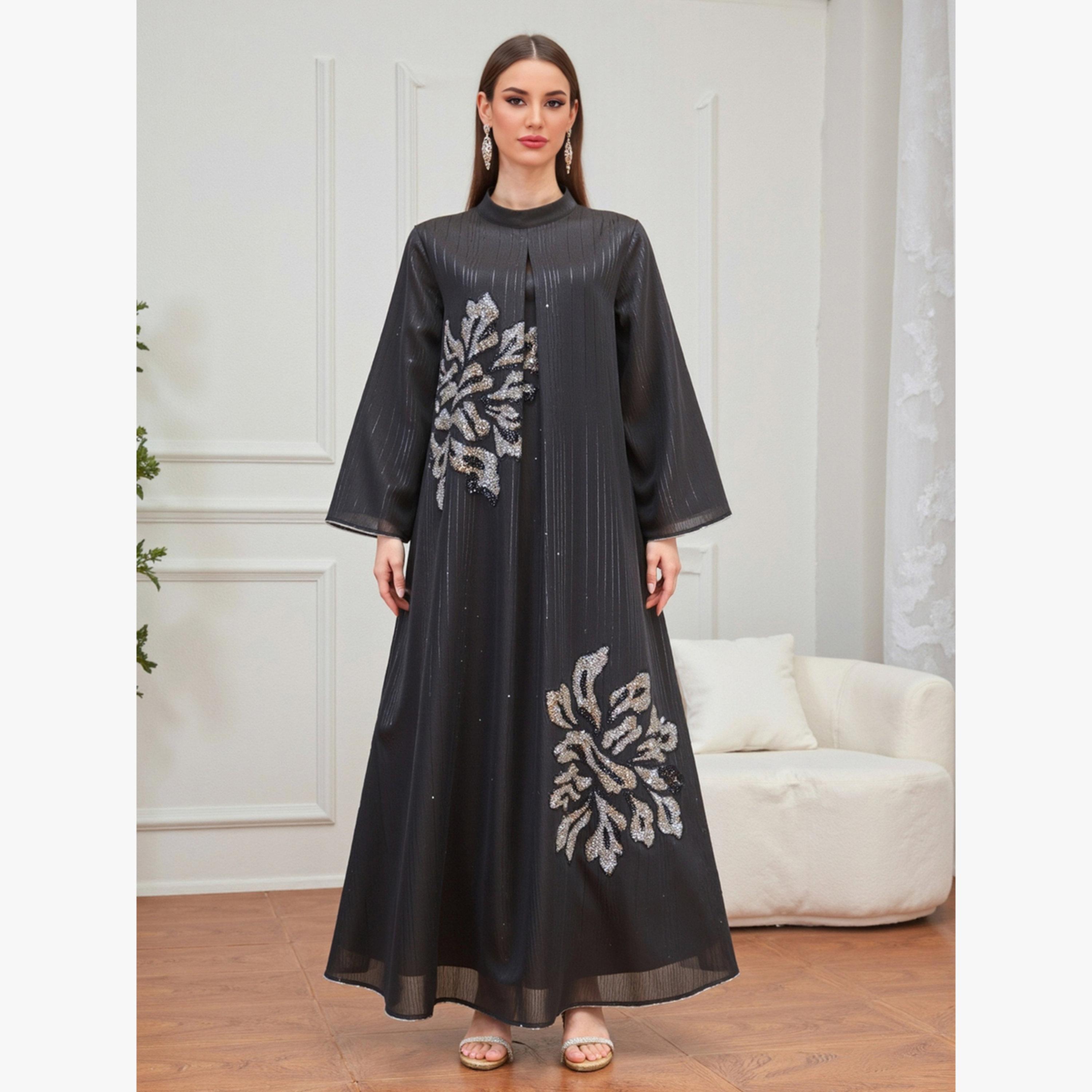Take Two Black Textured Embellished A-Line Jalabiya-women-arabicclothing-jalabiyas-image-1
