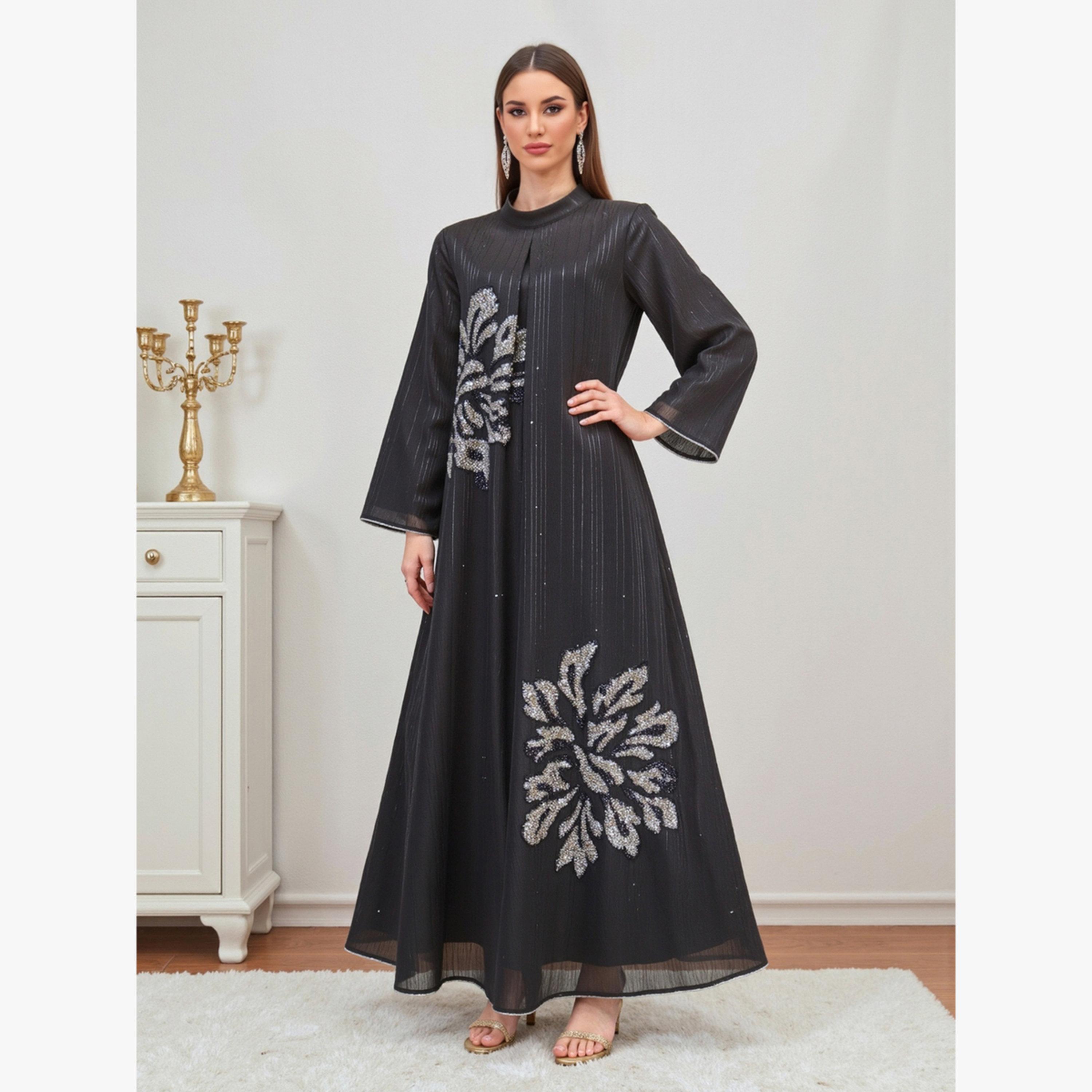 Take Two Black Textured Embellished A-Line Jalabiya-women-arabicclothing-jalabiyas-image-2