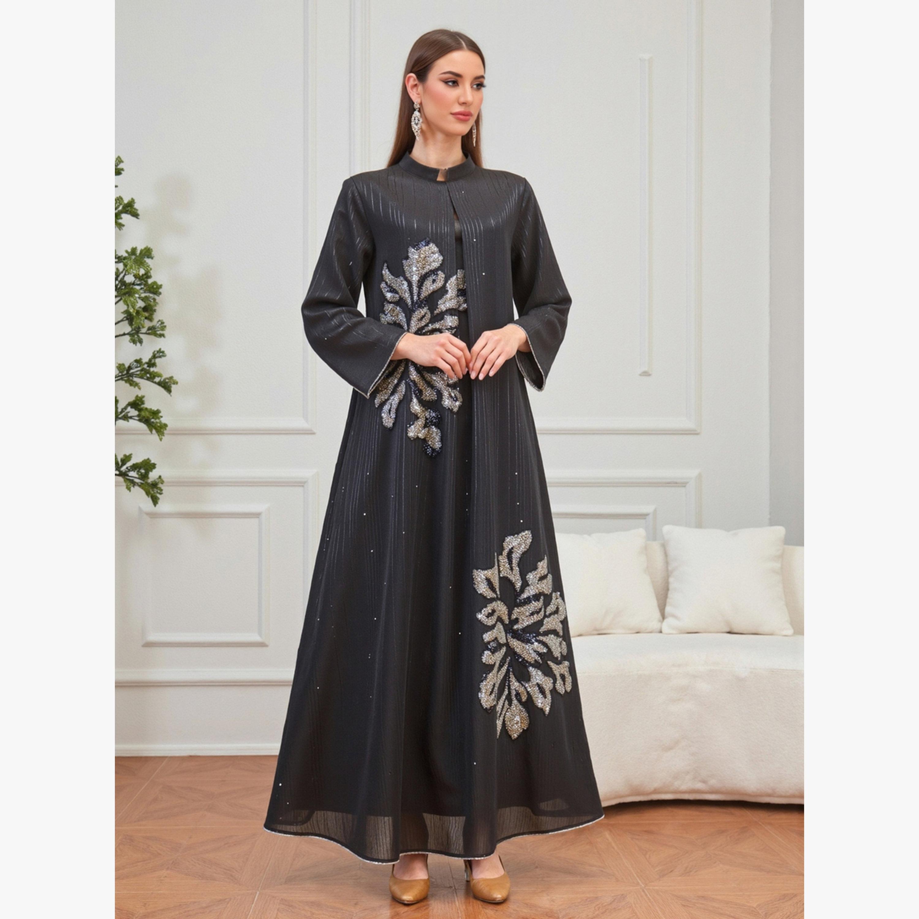 Take Two Black Textured Embellished A-Line Jalabiya-women-arabicclothing-jalabiyas-image-4