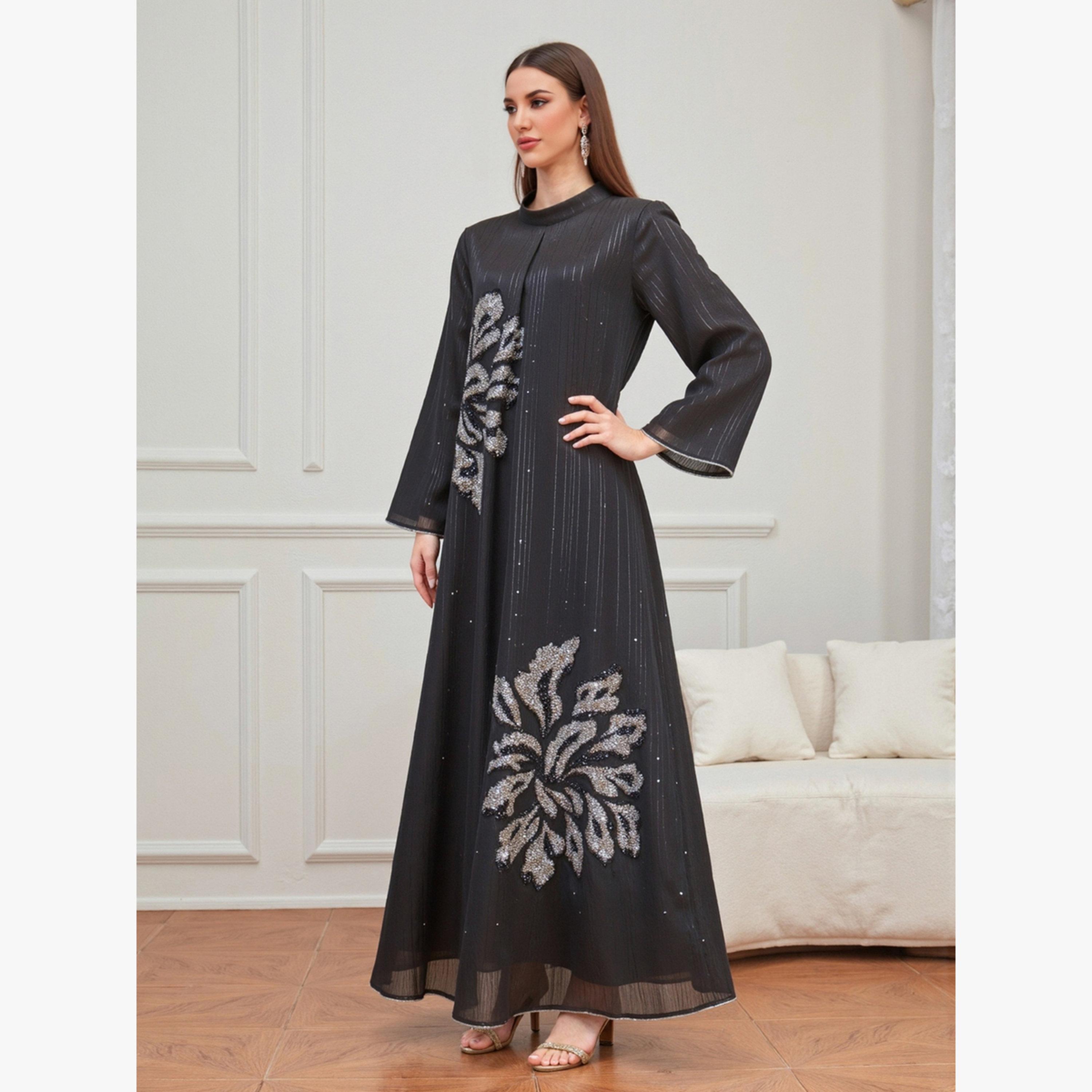 Take Two Black Textured Embellished A-Line Jalabiya-women-arabicclothing-jalabiyas-image-5