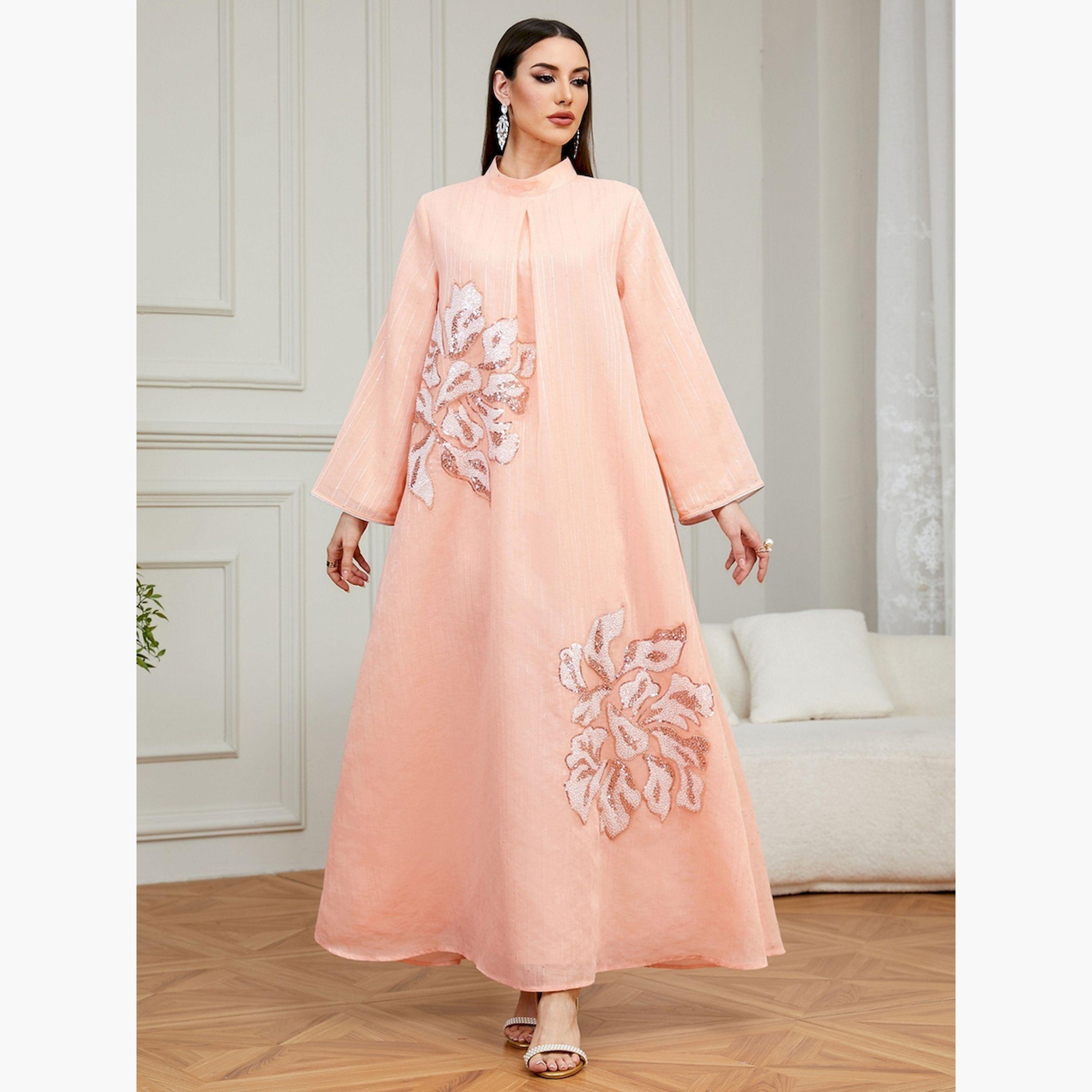 تيك تو × ستايلي - جلابية وردية اللون نقشة زهرية تصميم A-women-arabicclothing-jalabiyas-image-1