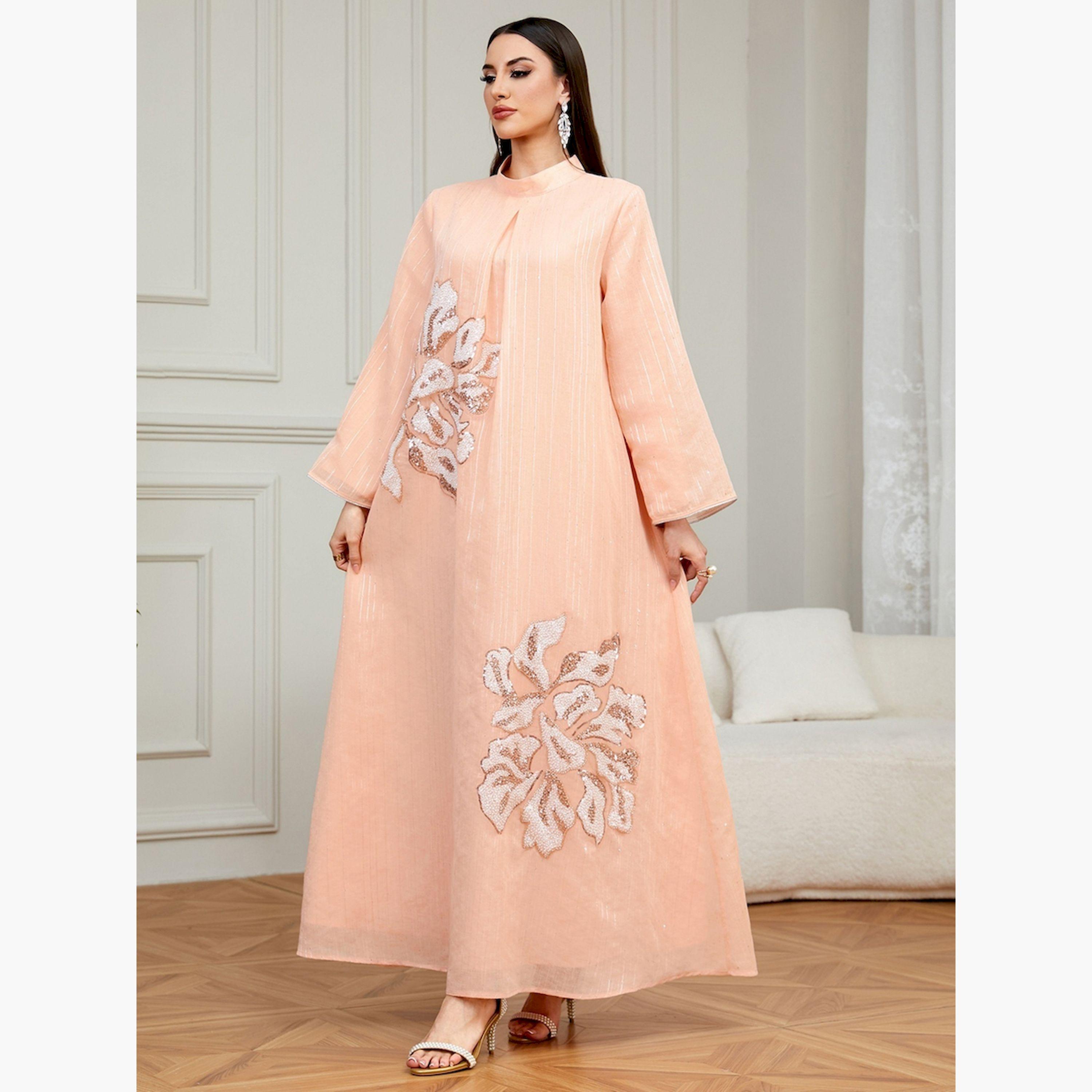 تيك تو × ستايلي - جلابية وردية اللون نقشة زهرية تصميم A-women-arabicclothing-jalabiyas-image-2