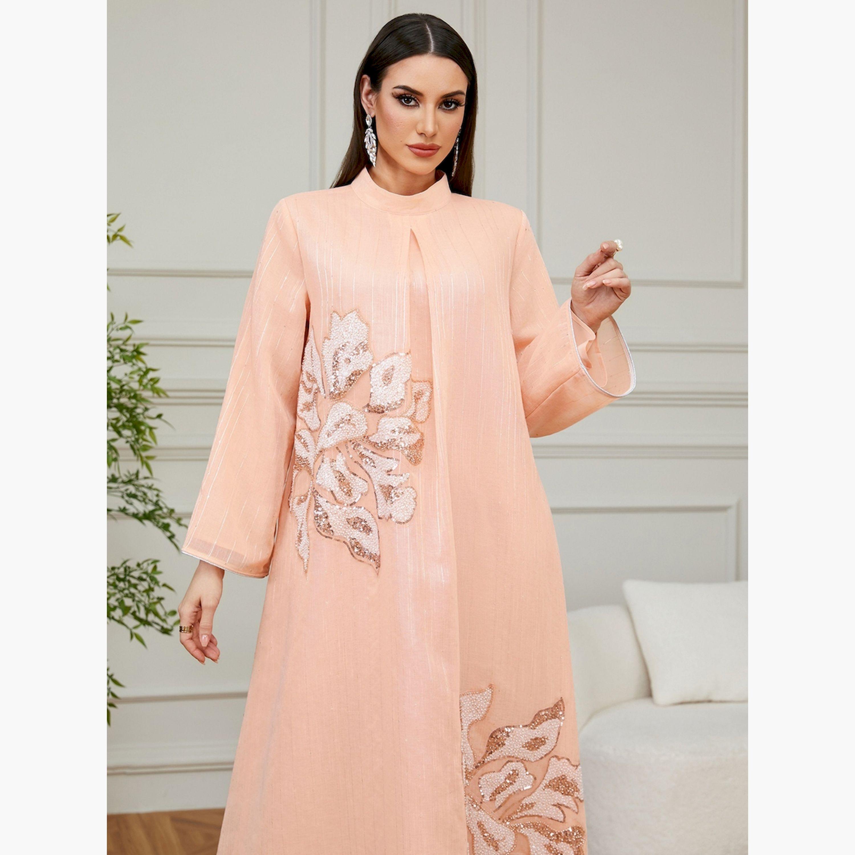 تيك تو × ستايلي - جلابية وردية اللون نقشة زهرية تصميم A-women-arabicclothing-jalabiyas-image-3