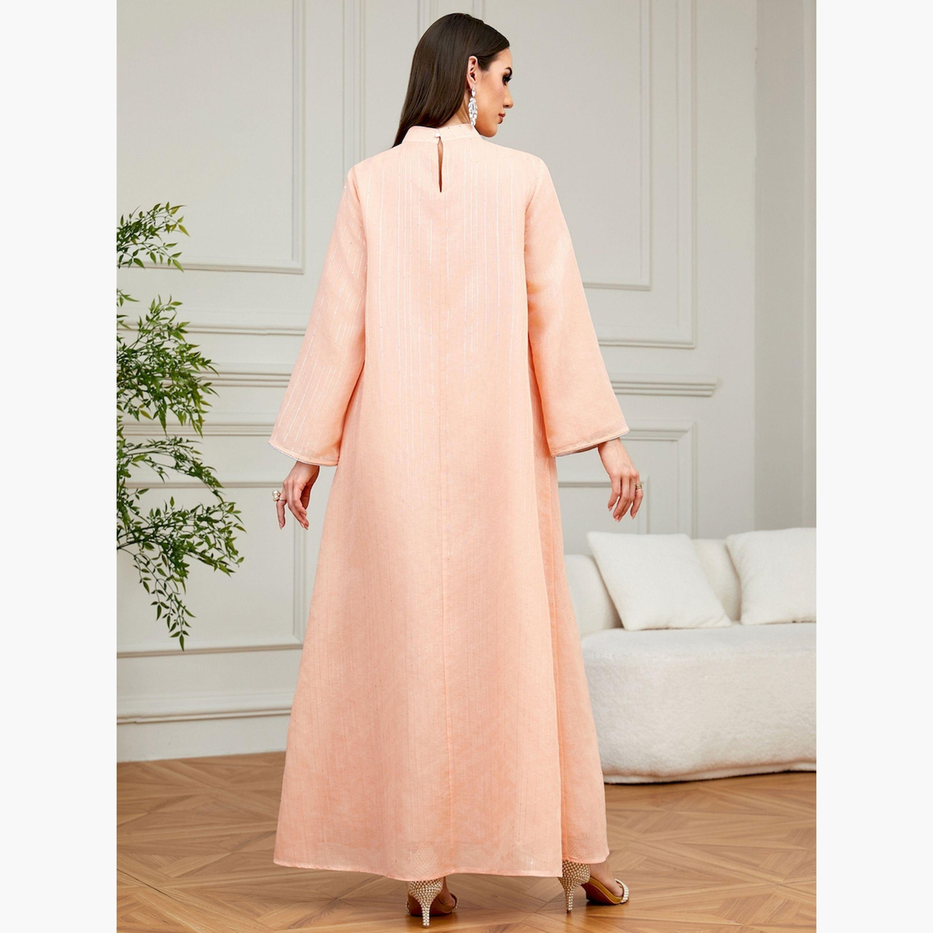 Take Two Pink Textured Floral Embellished A-Line Jalabiya-women-arabicclothing-jalabiyas-image-4