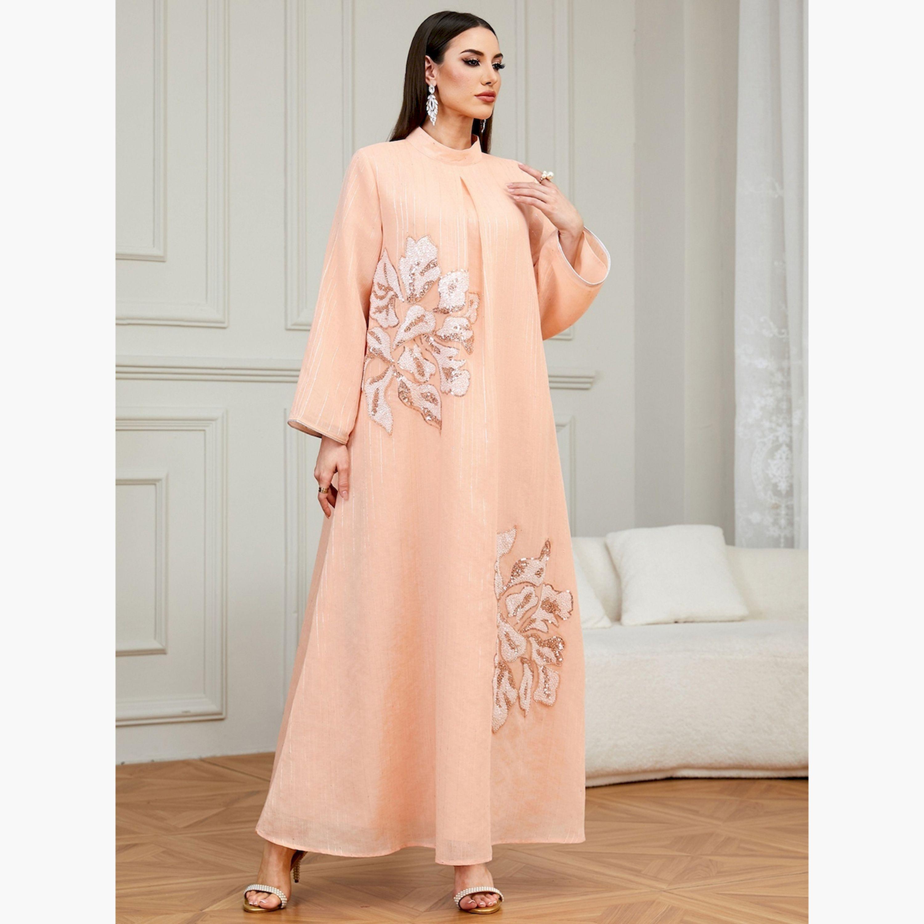 Take Two Pink Textured Floral Embellished A-Line Jalabiya-women-arabicclothing-jalabiyas-image-5