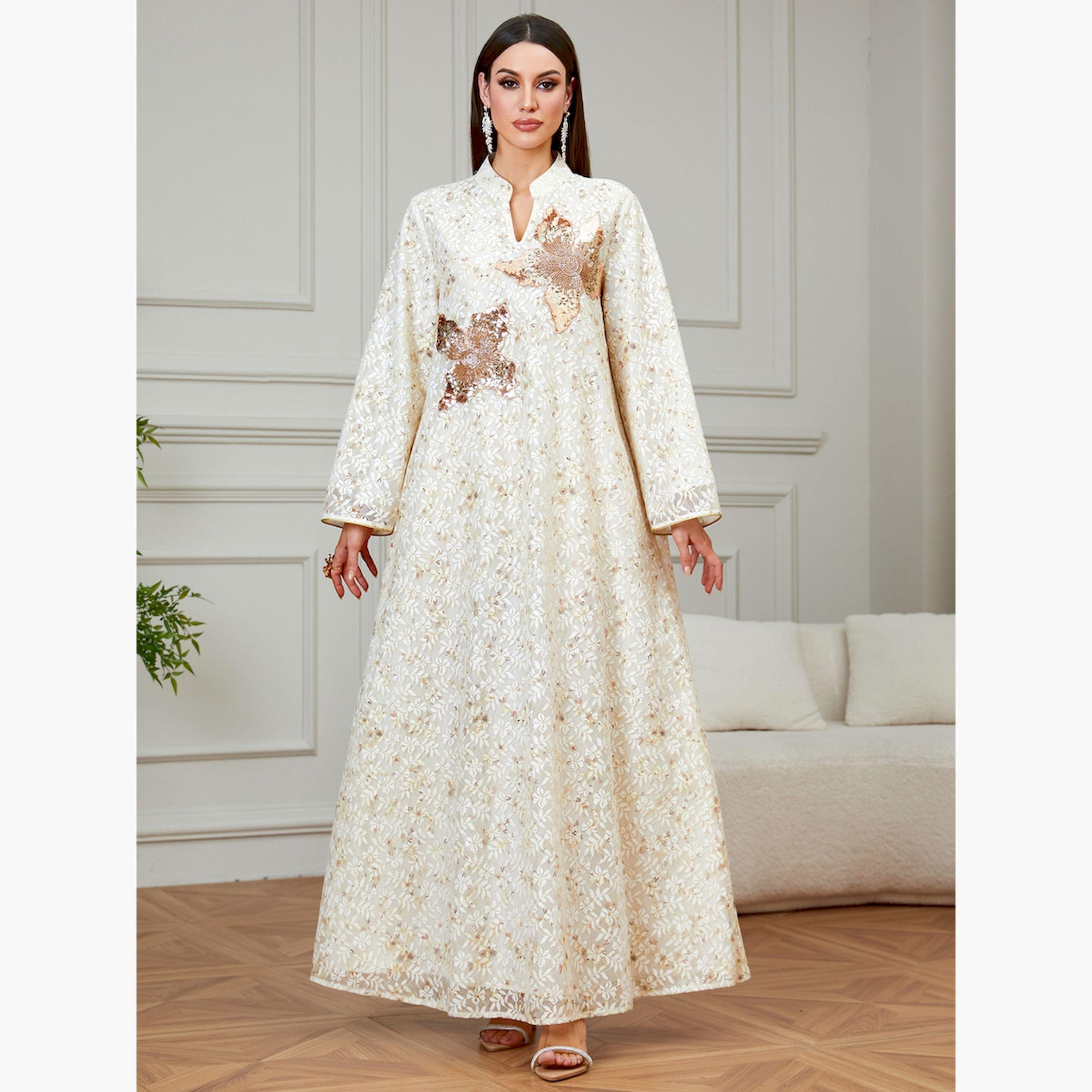 Take Two Beige Floral Embroidered Embellished Jalabiya-women-arabicclothing-jalabiyas-image-1