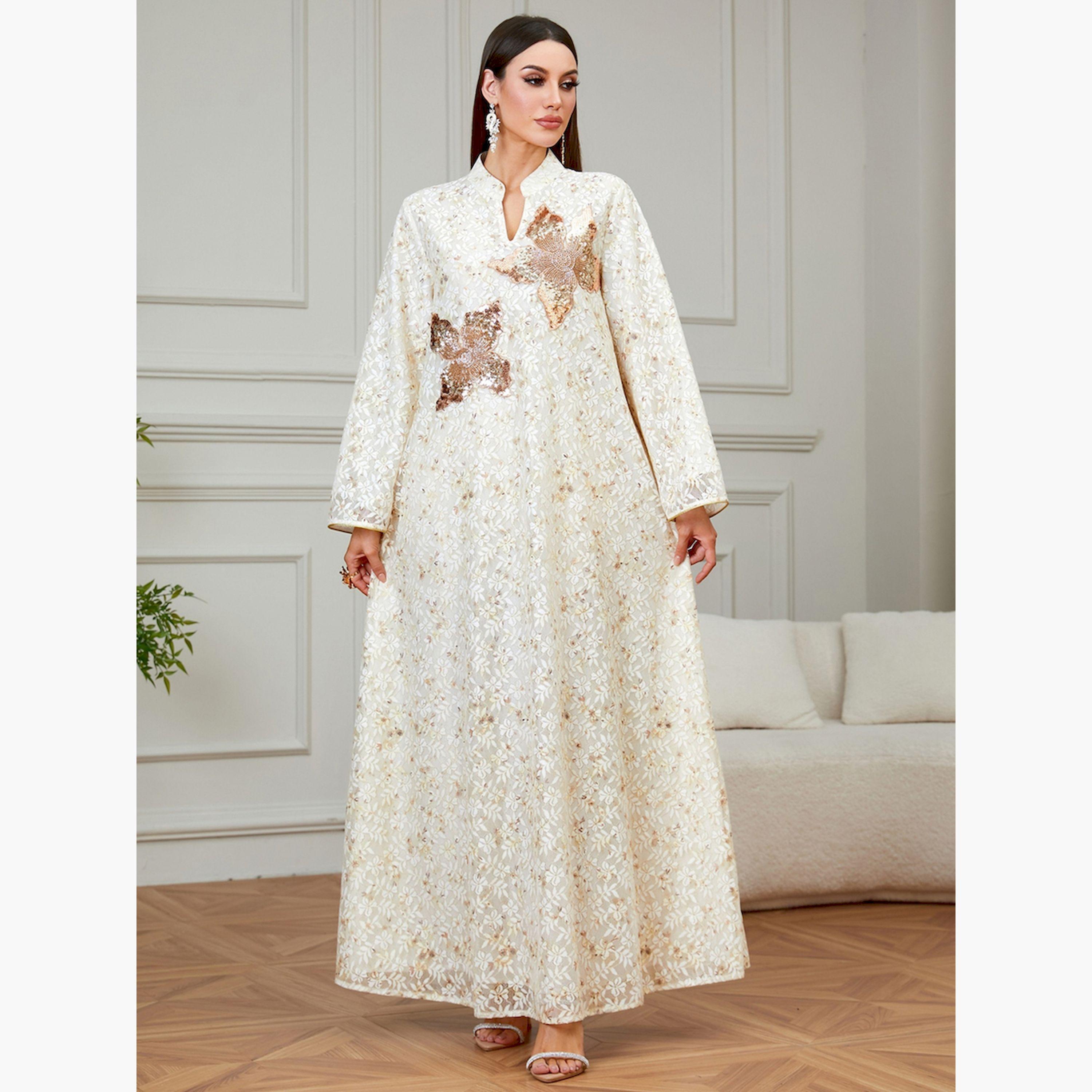 Take Two Beige Floral Embroidered Embellished Jalabiya-women-arabicclothing-jalabiyas-image-2