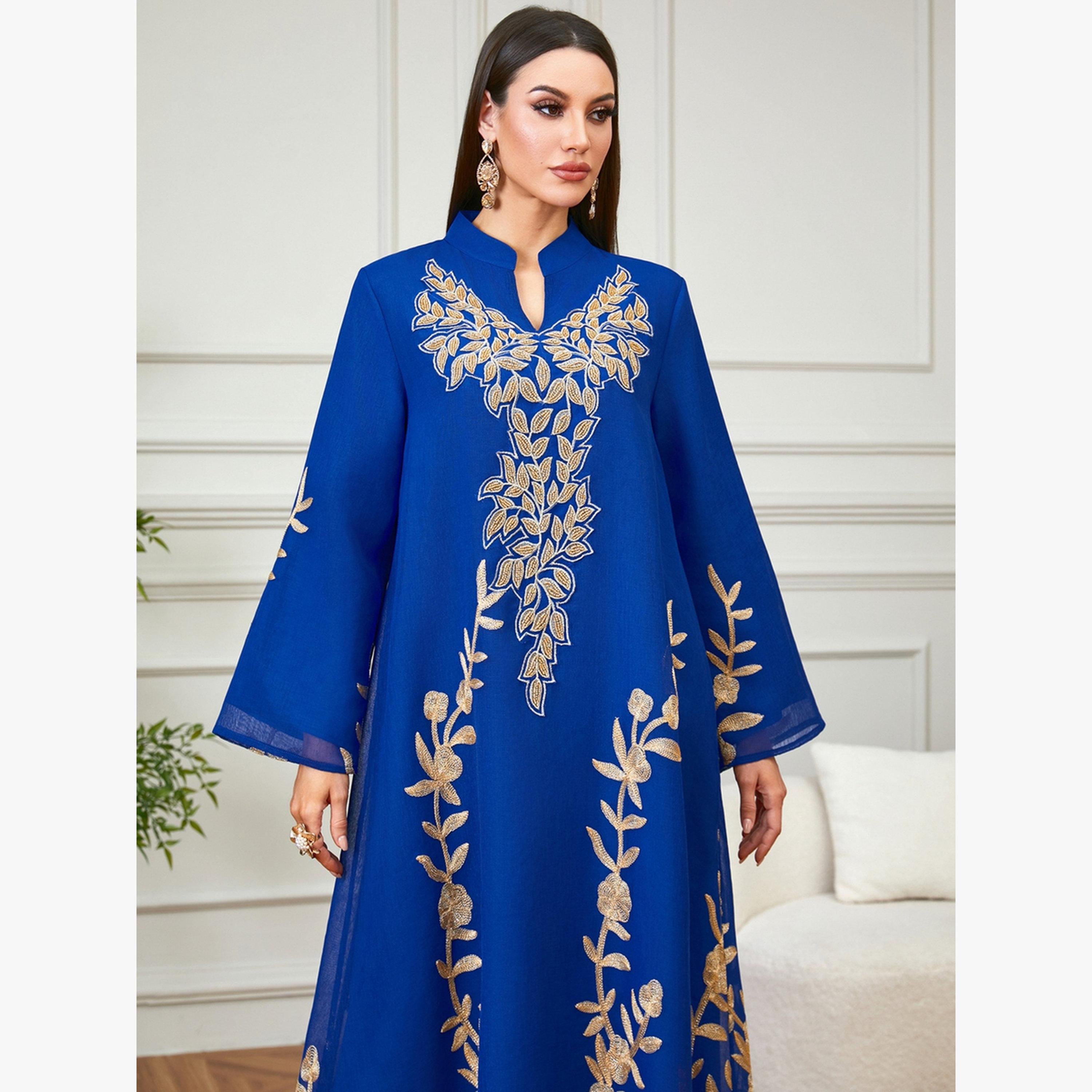 Take Two Royal Blue Embroidered Notch Neck Jalabiya-women-arabicclothing-jalabiyas-image-4