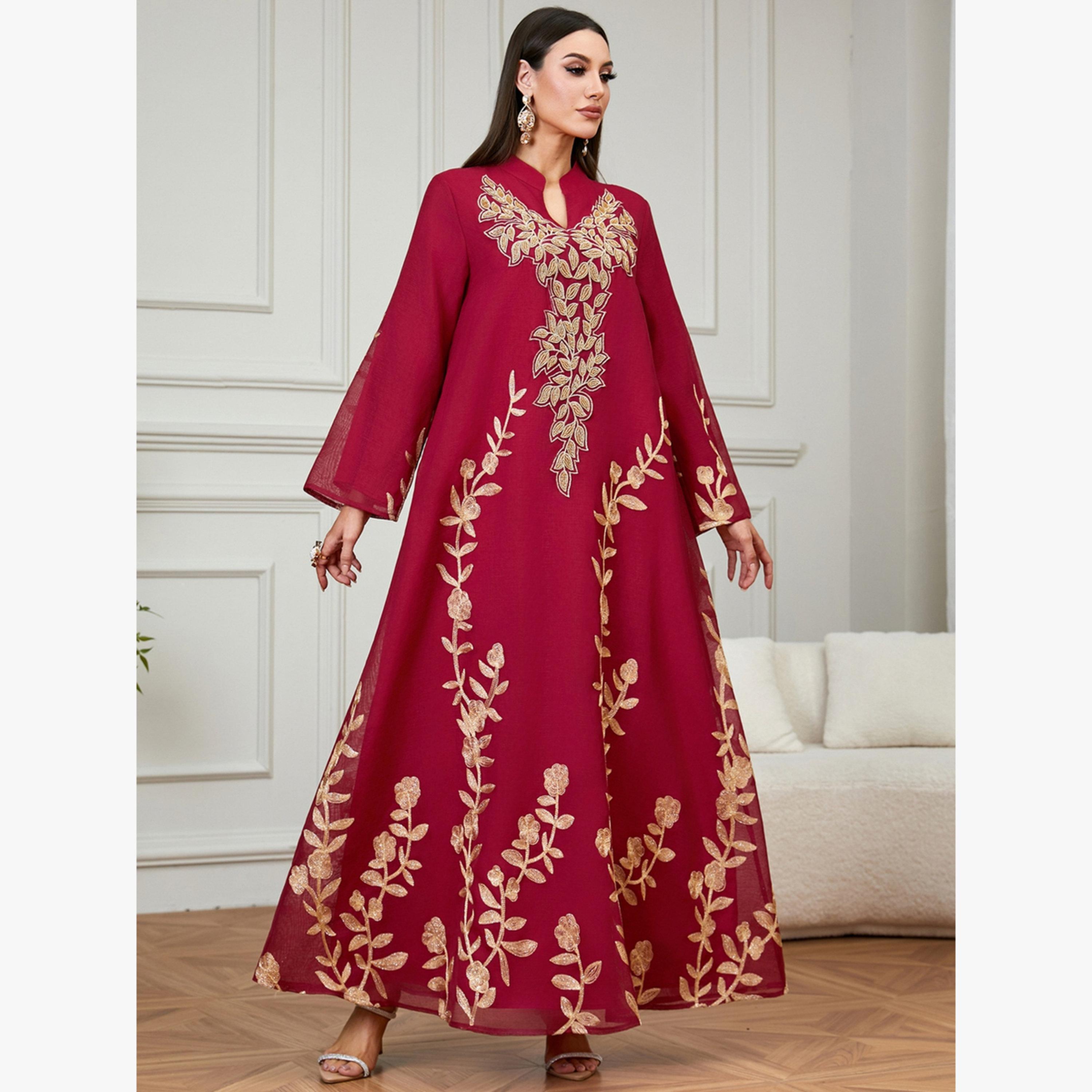 Take Two Red Embroidered Notch Neck Jalabiya-women-arabicclothing-jalabiyas-image-2