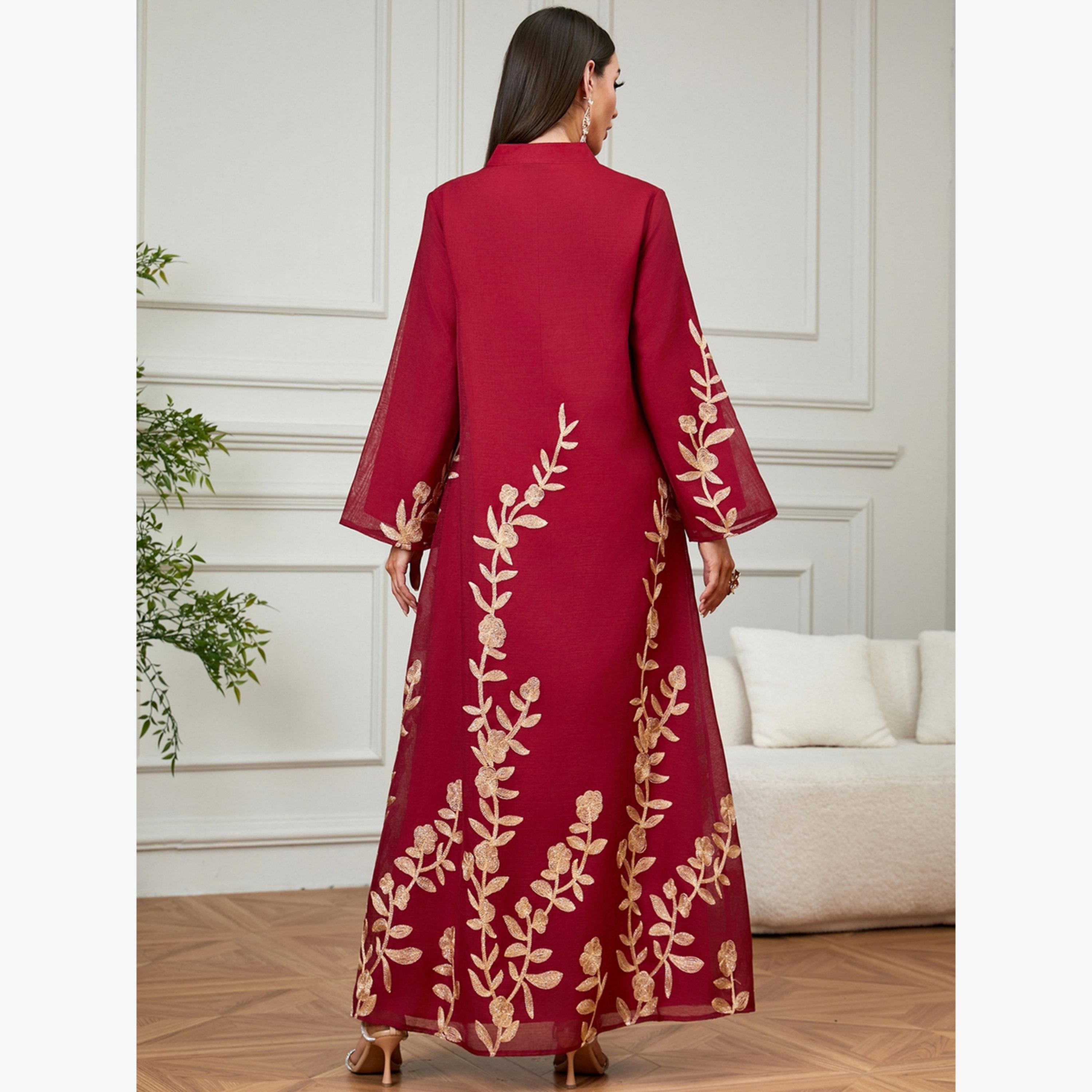 Take Two Red Embroidered Notch Neck Jalabiya-women-arabicclothing-jalabiyas-image-3