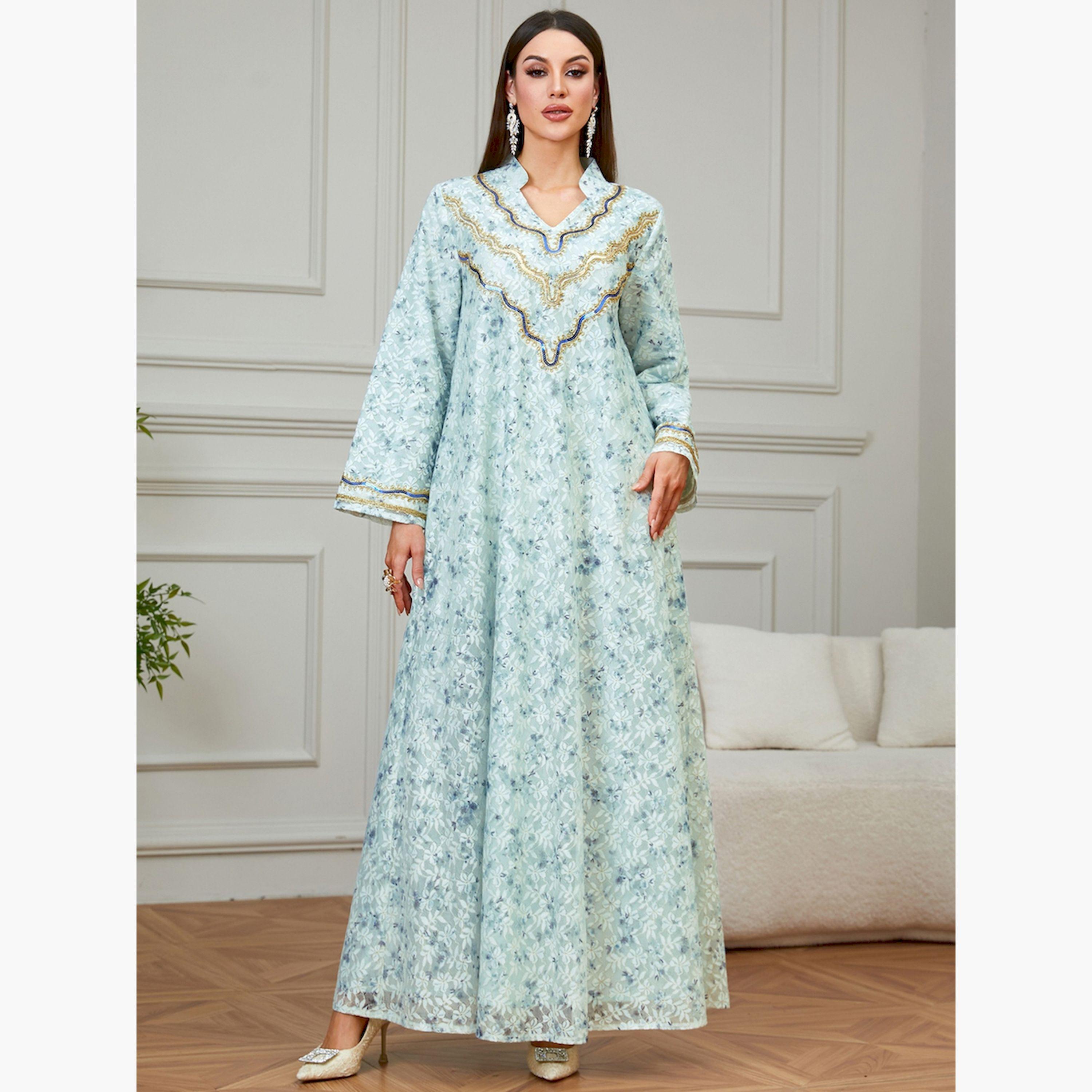 تيك تو × ستايلي - جلابية خضراء مطرزة نقشة زهور تصميم A-women-arabicclothing-jalabiyas-image-1