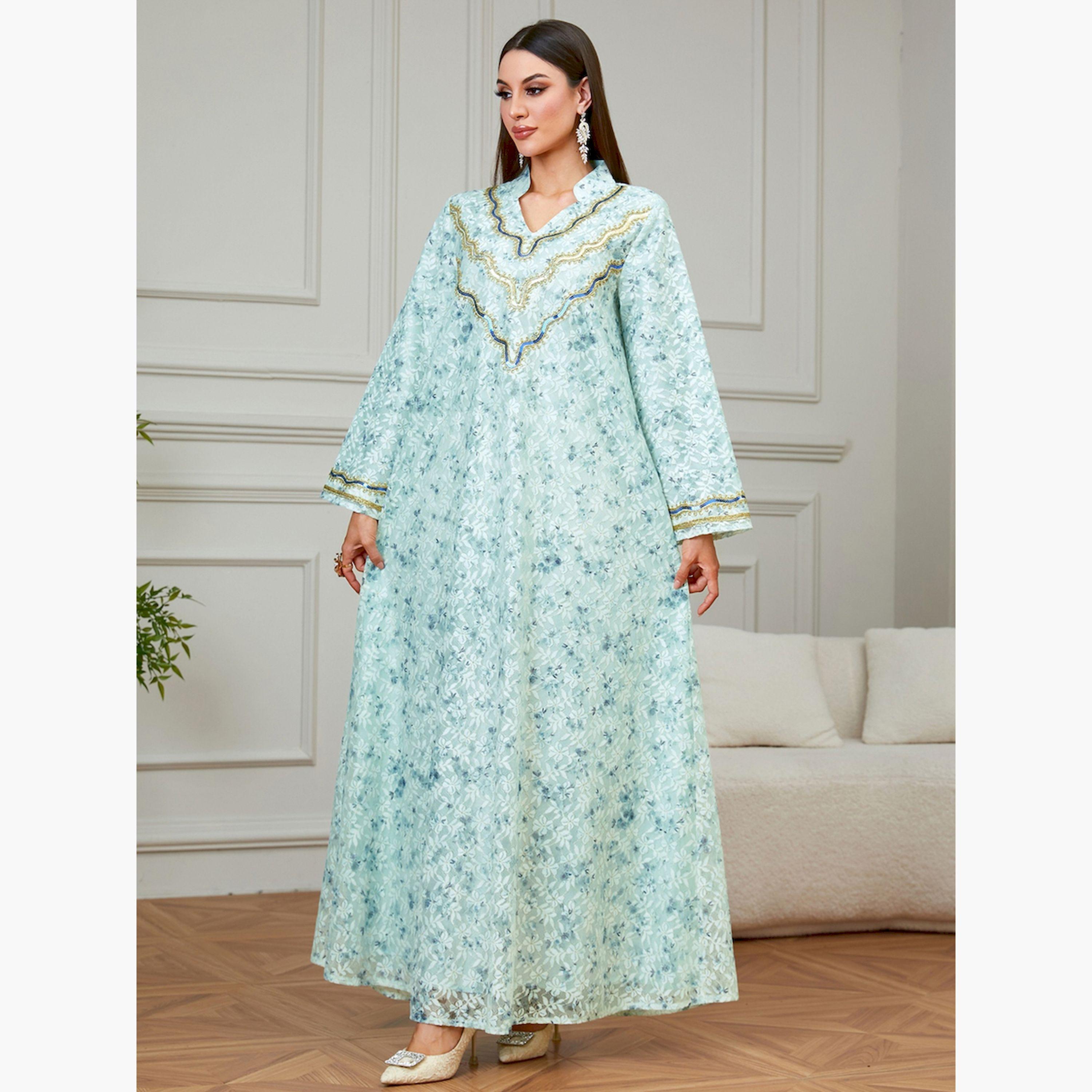 تيك تو × ستايلي - جلابية خضراء مطرزة نقشة زهور تصميم A-women-arabicclothing-jalabiyas-image-2