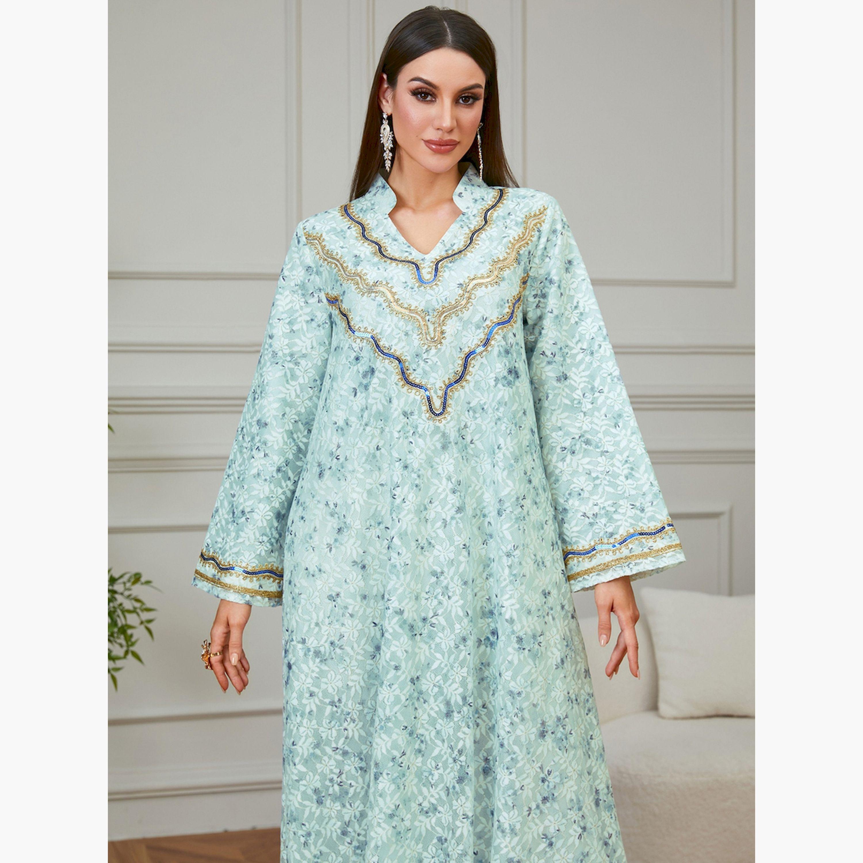 تيك تو × ستايلي - جلابية خضراء مطرزة نقشة زهور تصميم A-women-arabicclothing-jalabiyas-image-3