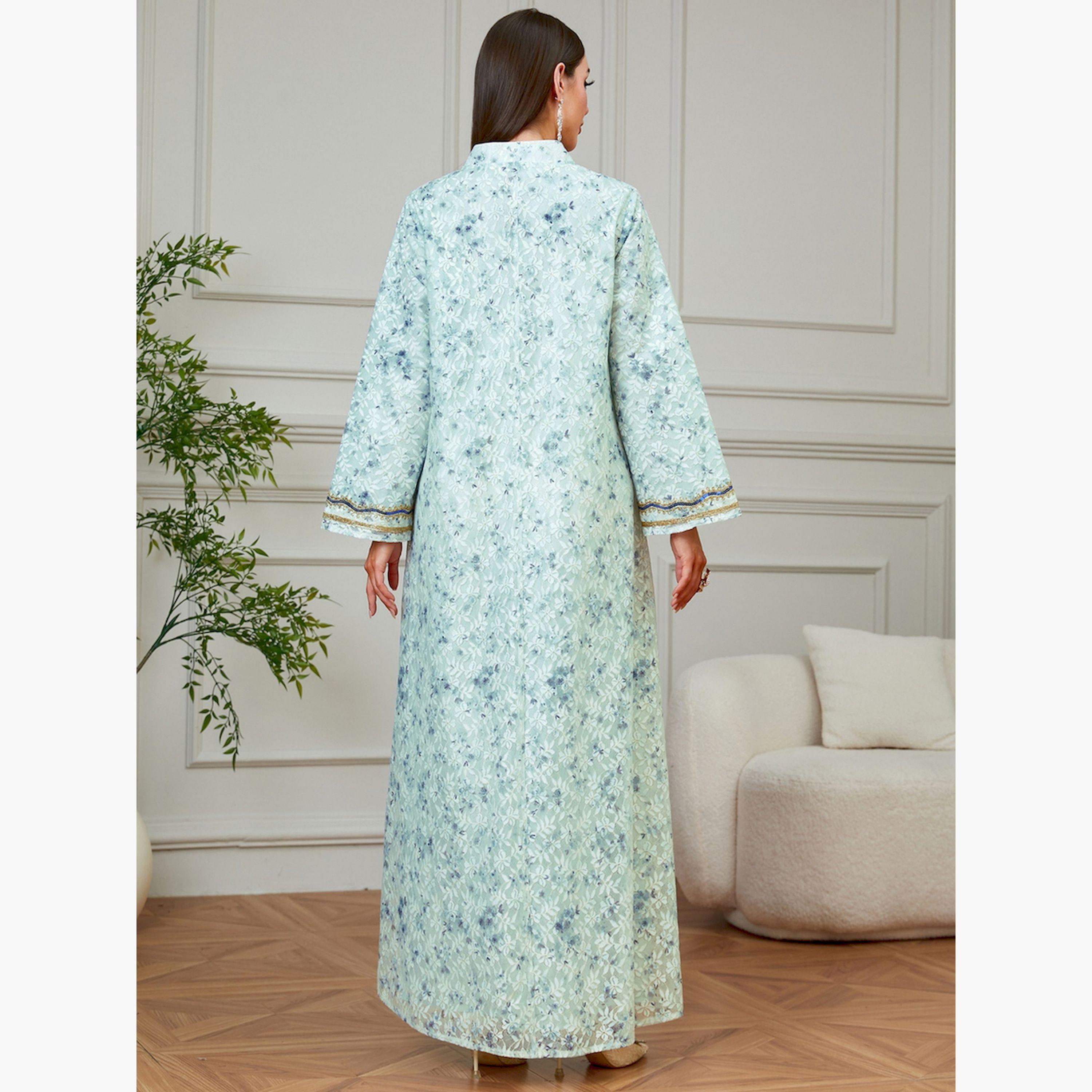 تيك تو × ستايلي - جلابية خضراء مطرزة نقشة زهور تصميم A-women-arabicclothing-jalabiyas-image-4