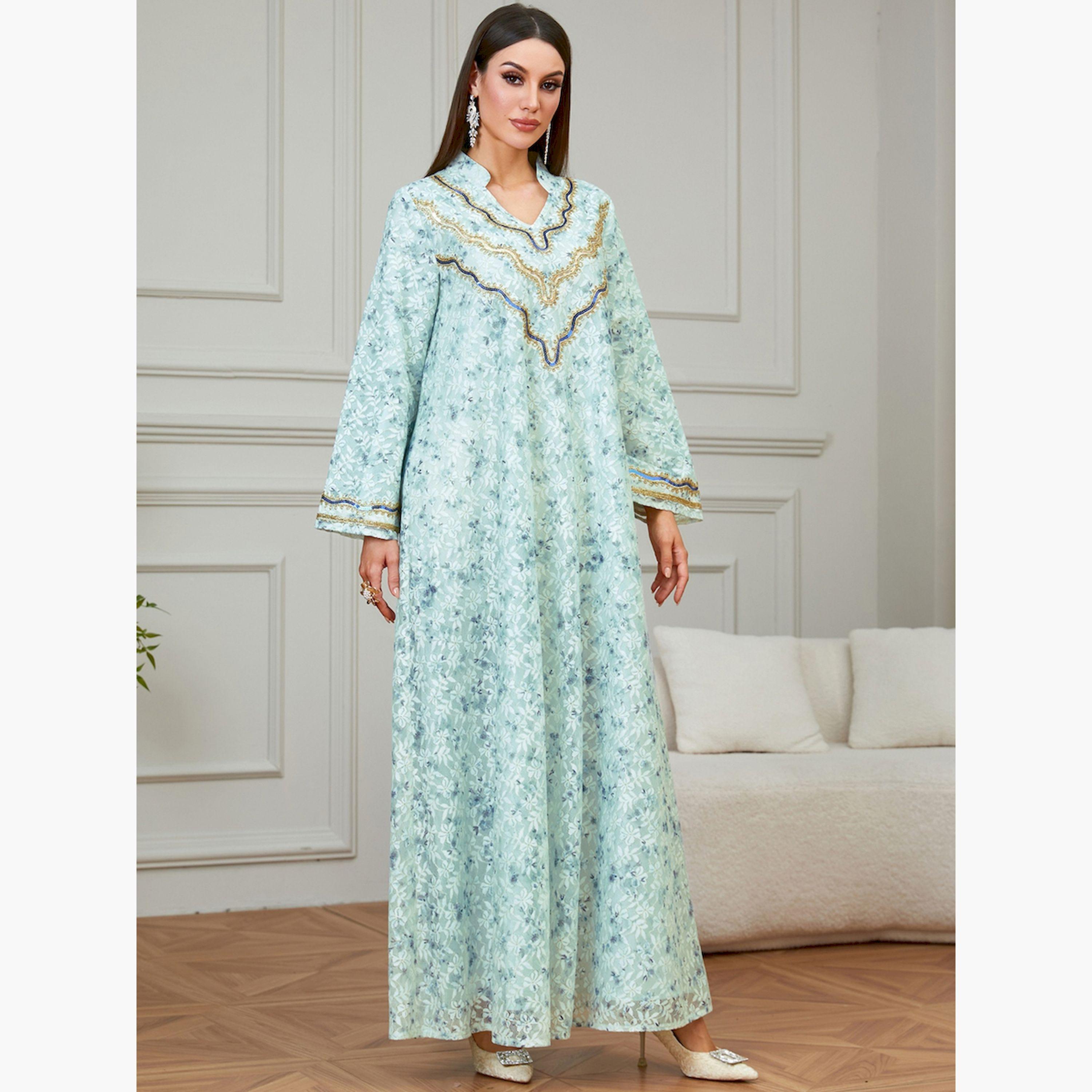 تيك تو × ستايلي - جلابية خضراء مطرزة نقشة زهور تصميم A-women-arabicclothing-jalabiyas-image-5