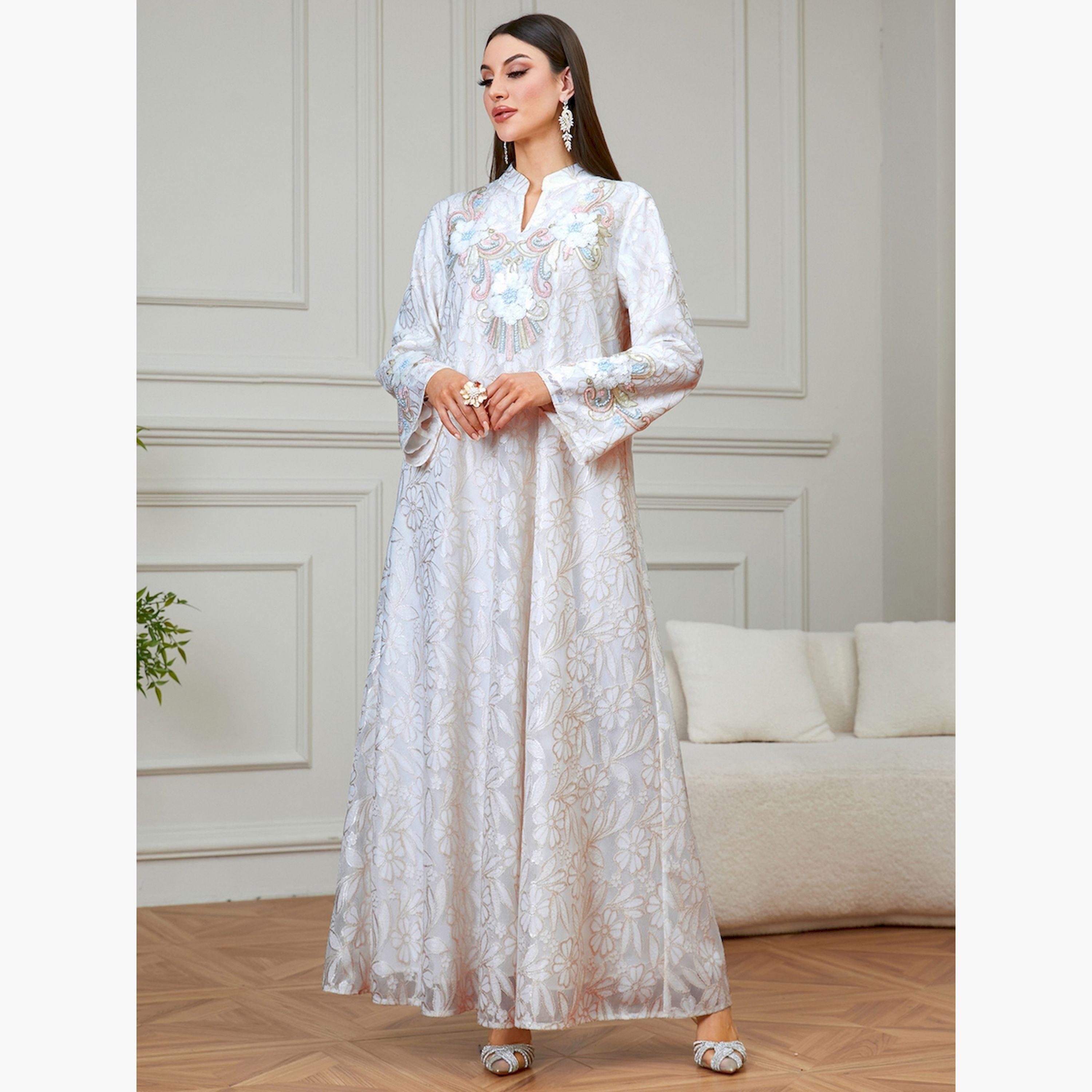 Take Two Beige Floral Embroidered A-Line Jalabiya-women-arabicclothing-jalabiyas-image-2