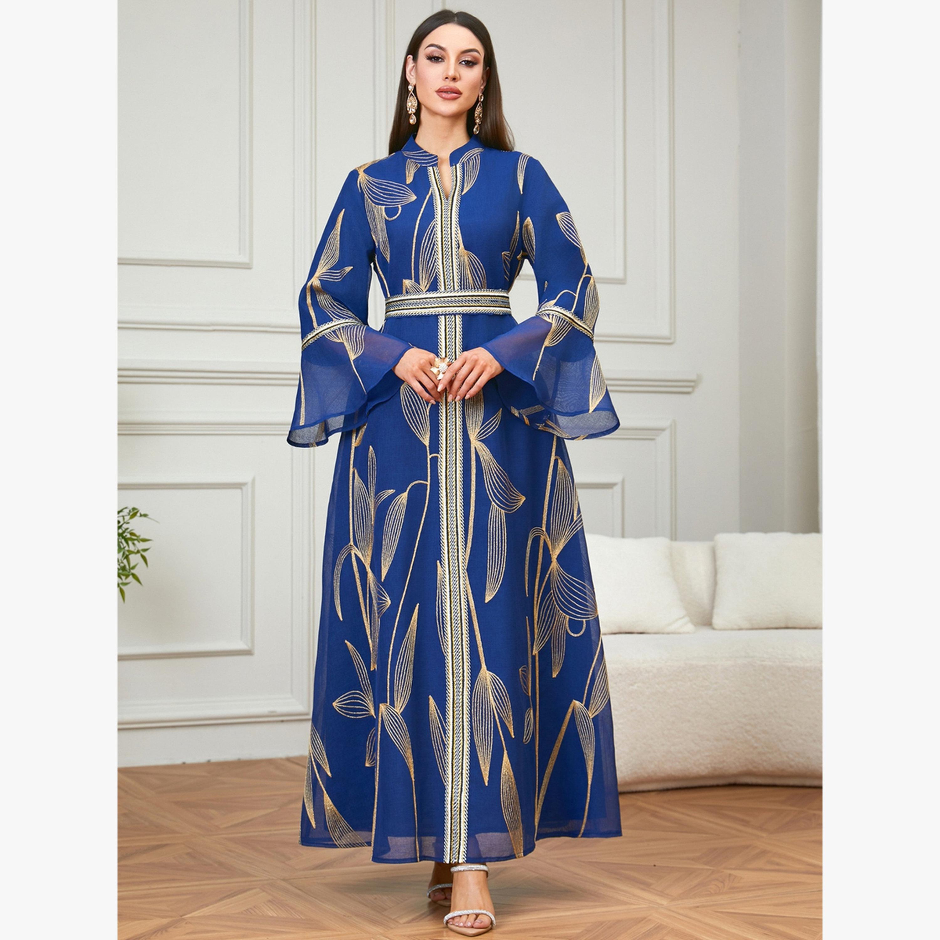 Take Two Navy Blue Foil Printed Belted A-Line Jalabiya-women-arabicclothing-jalabiyas-image-1