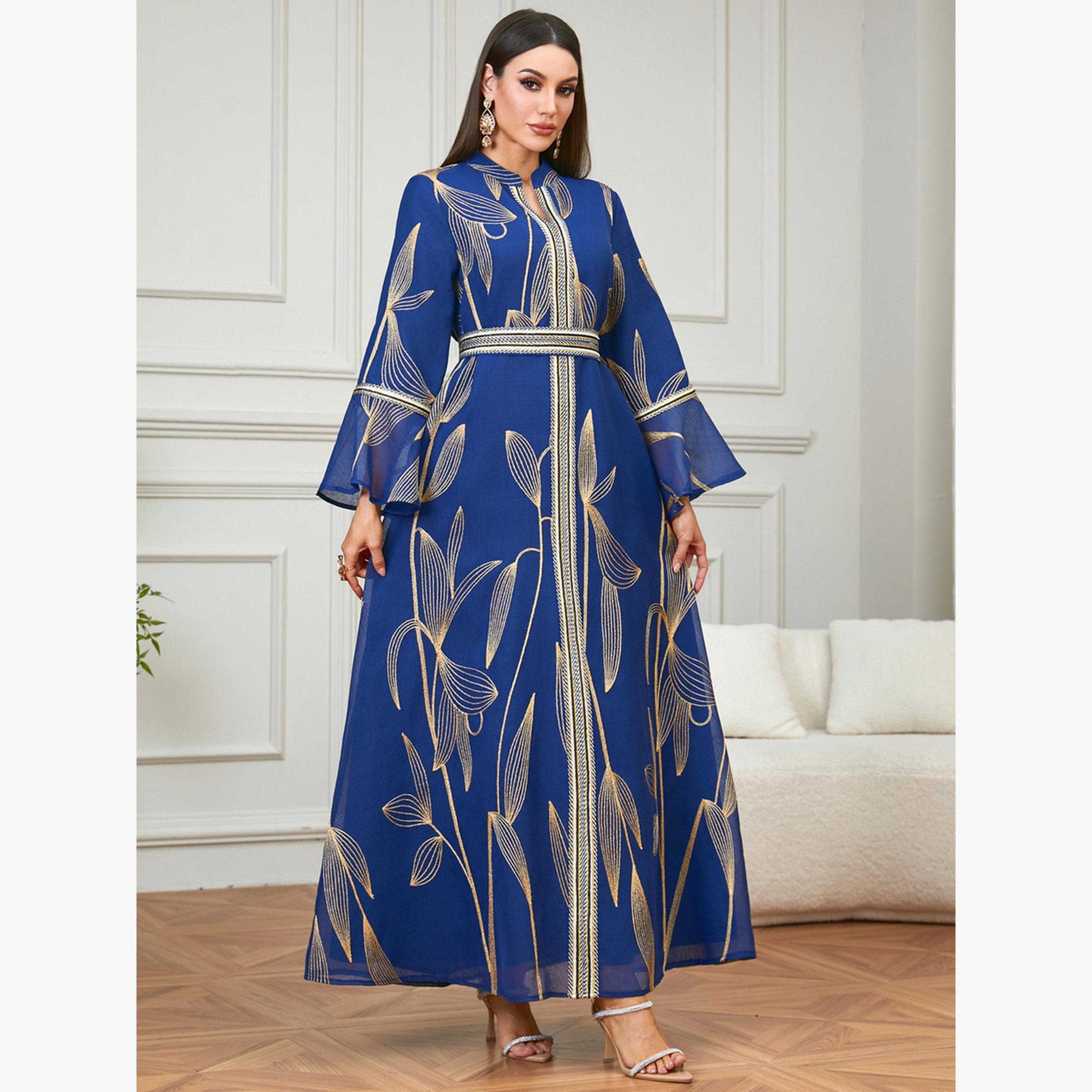 Take Two Navy Blue Foil Printed Belted A-Line Jalabiya-women-arabicclothing-jalabiyas-image-2