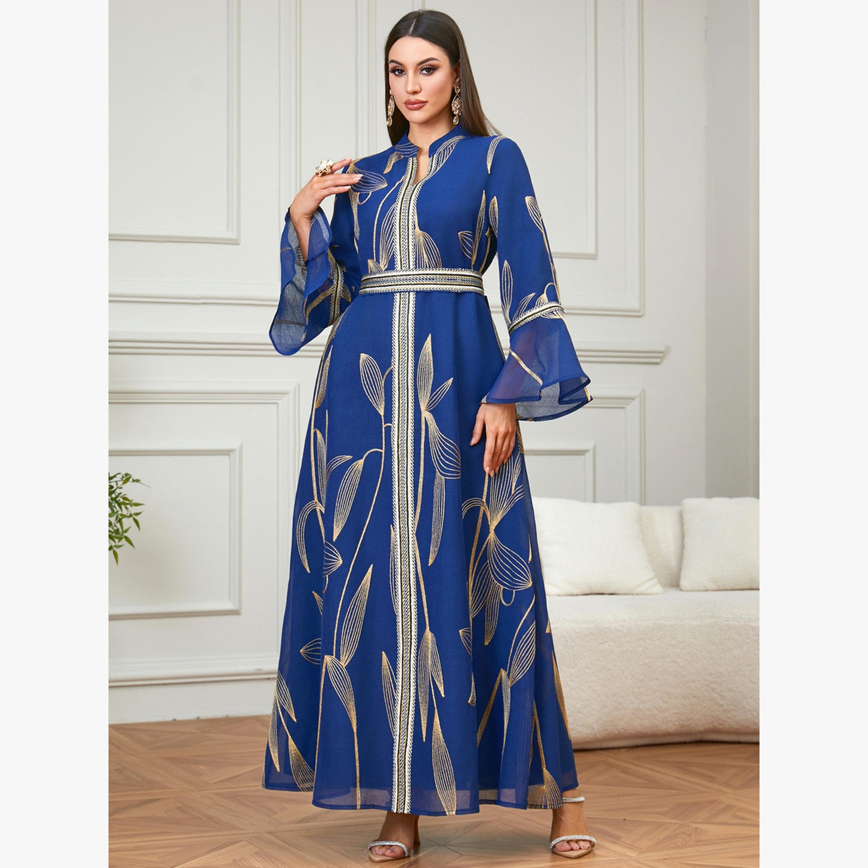 Take Two Navy Blue Foil Printed Belted A-Line Jalabiya-women-arabicclothing-jalabiyas-image-3