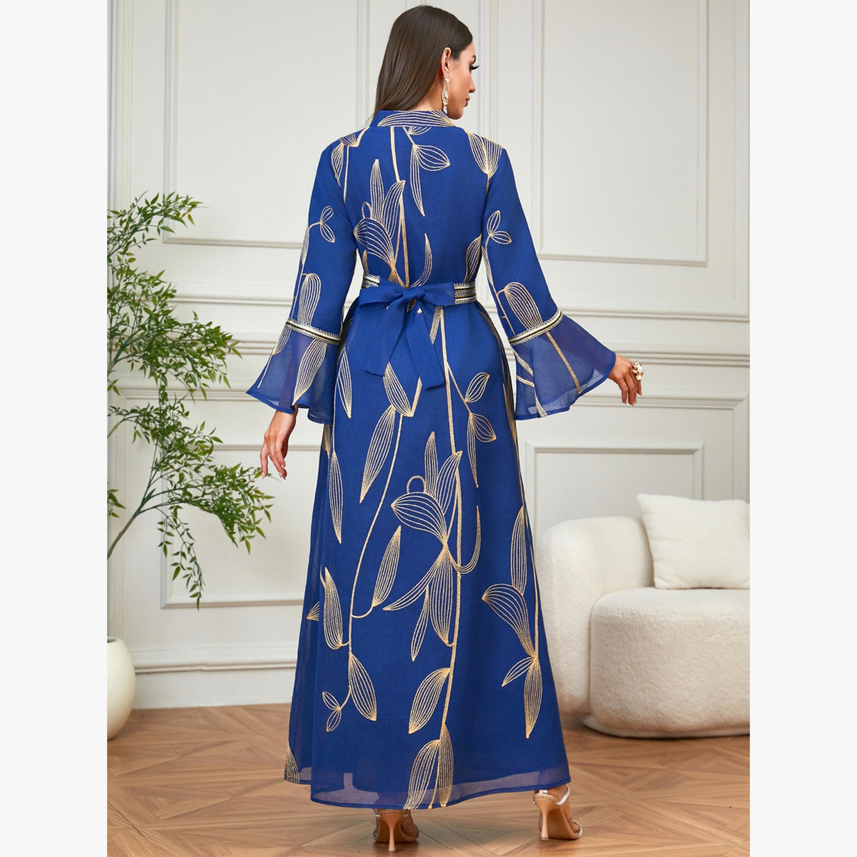 Take Two Navy Blue Foil Printed Belted A-Line Jalabiya-women-arabicclothing-jalabiyas-image-4