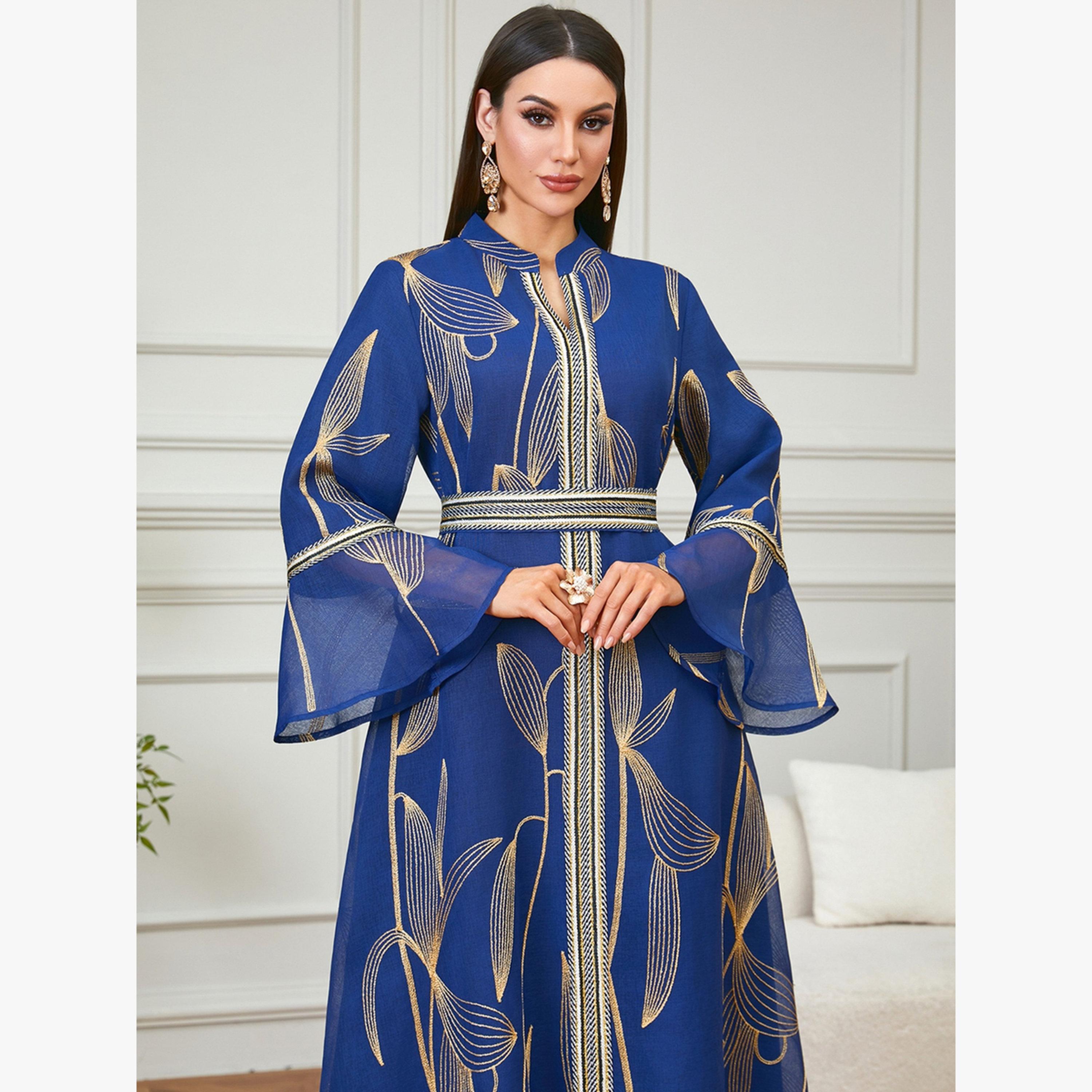 Take Two Navy Blue Foil Printed Belted A-Line Jalabiya-women-arabicclothing-jalabiyas-image-5