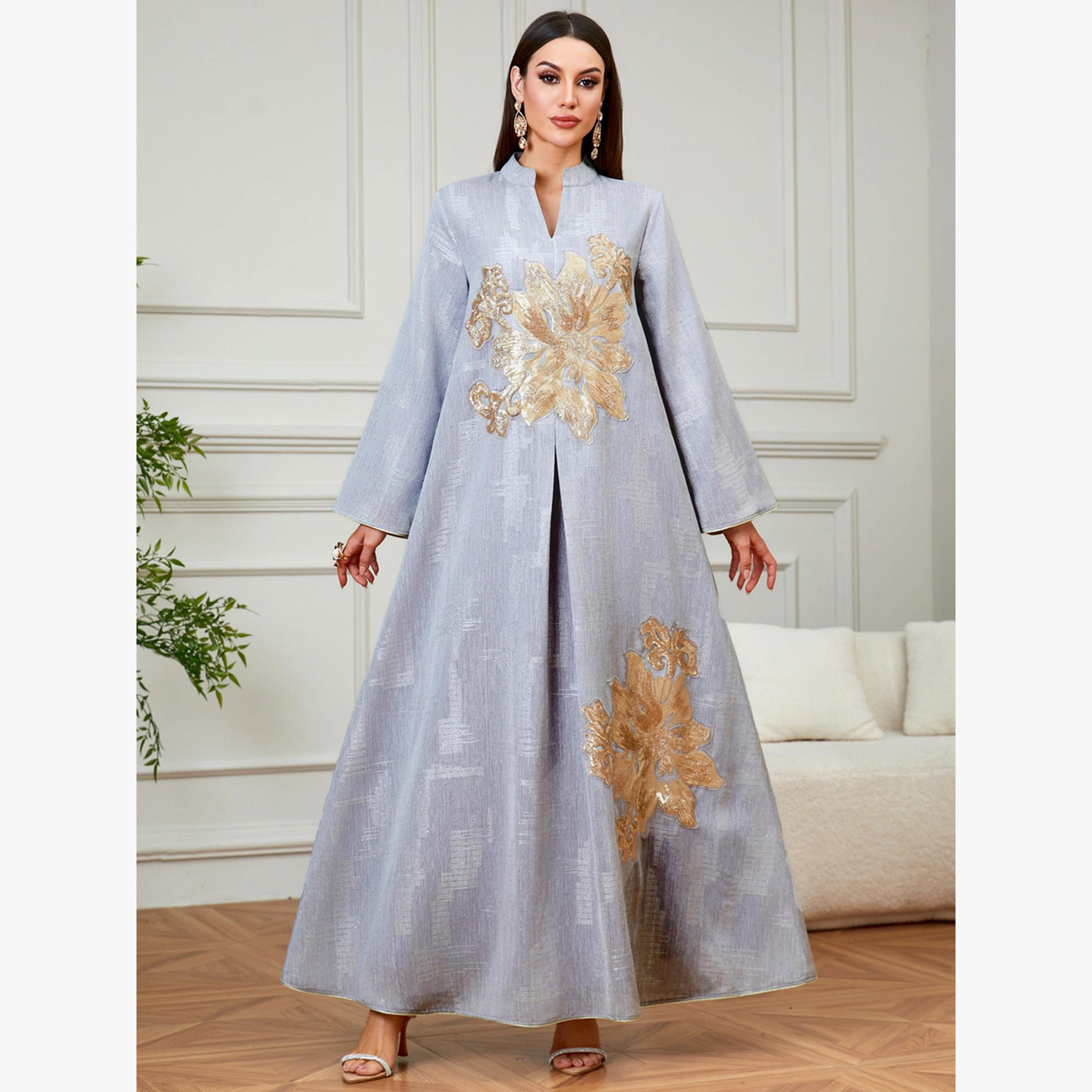 Take Two Grey Embroidered Collared A-Line Jalabiya-women-arabicclothing-jalabiyas-image-1