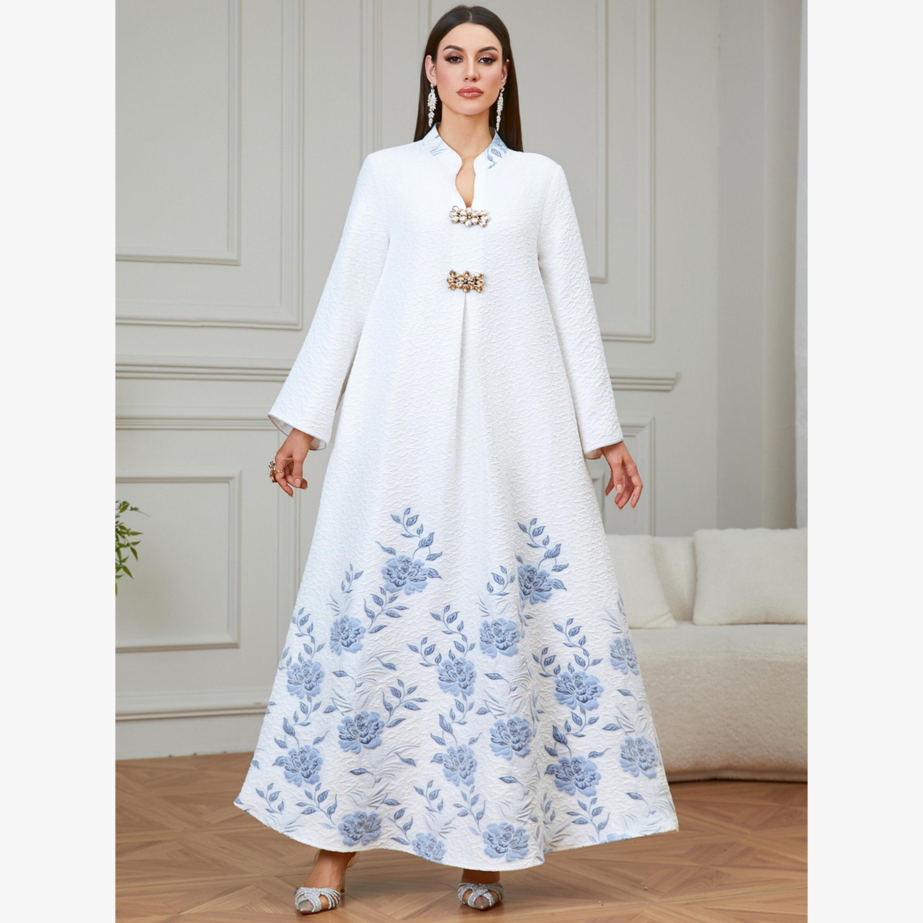 Take Two White Jacquard Floral Print A-Line Jalabiya-women-arabicclothing-jalabiyas-image-1