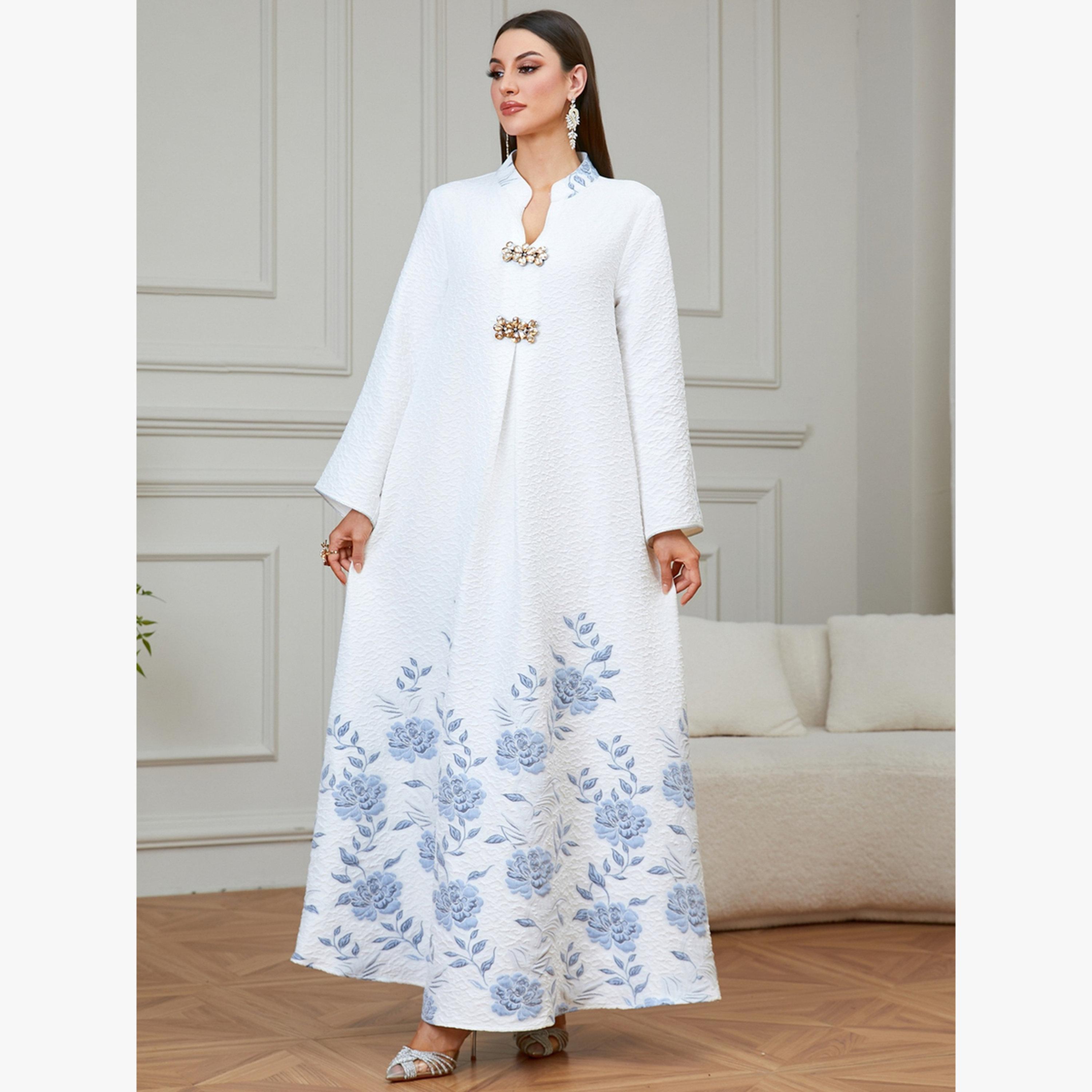 Take Two White Jacquard Floral Print A-Line Jalabiya-women-arabicclothing-jalabiyas-image-2