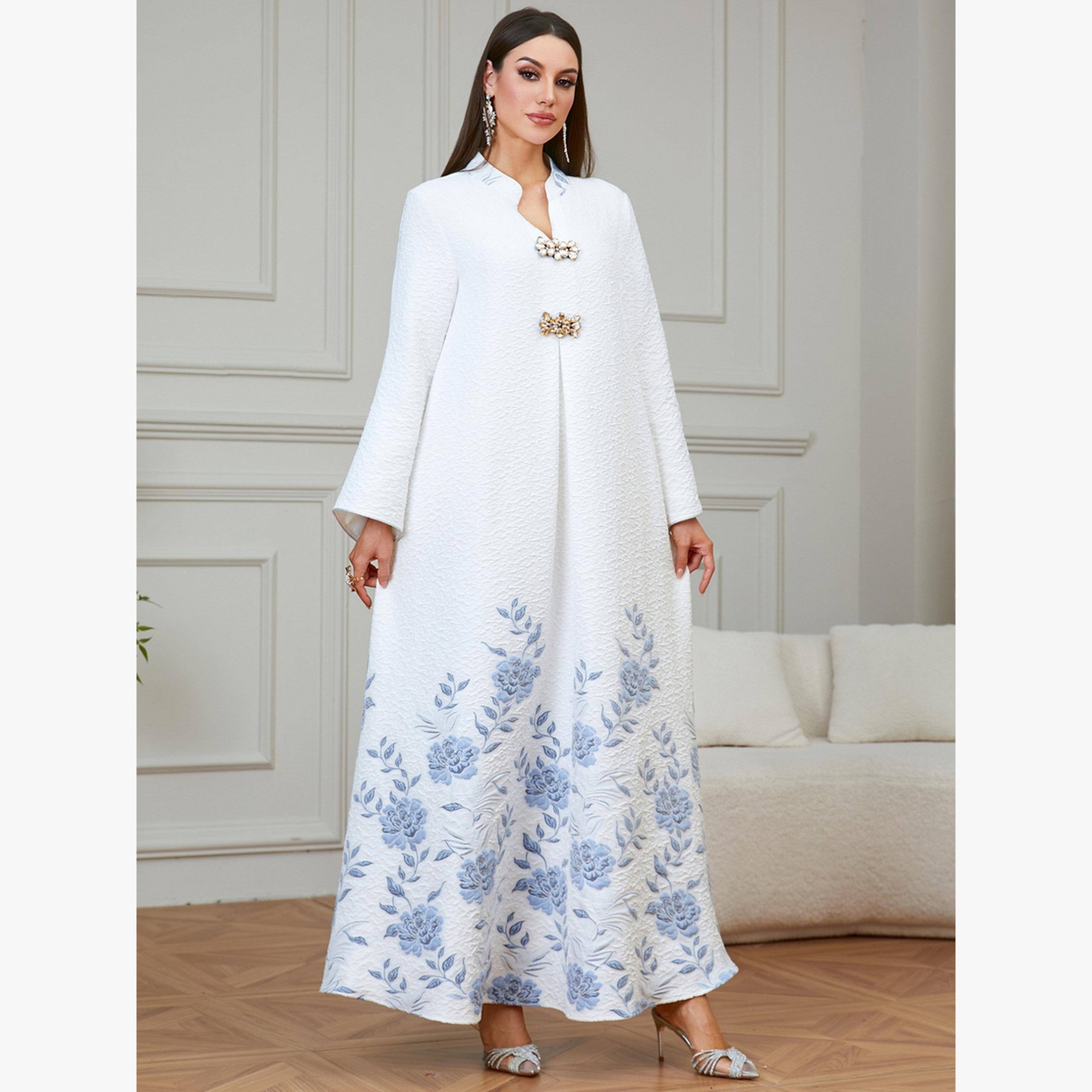 Take Two White Jacquard Floral Print A-Line Jalabiya-women-arabicclothing-jalabiyas-image-6