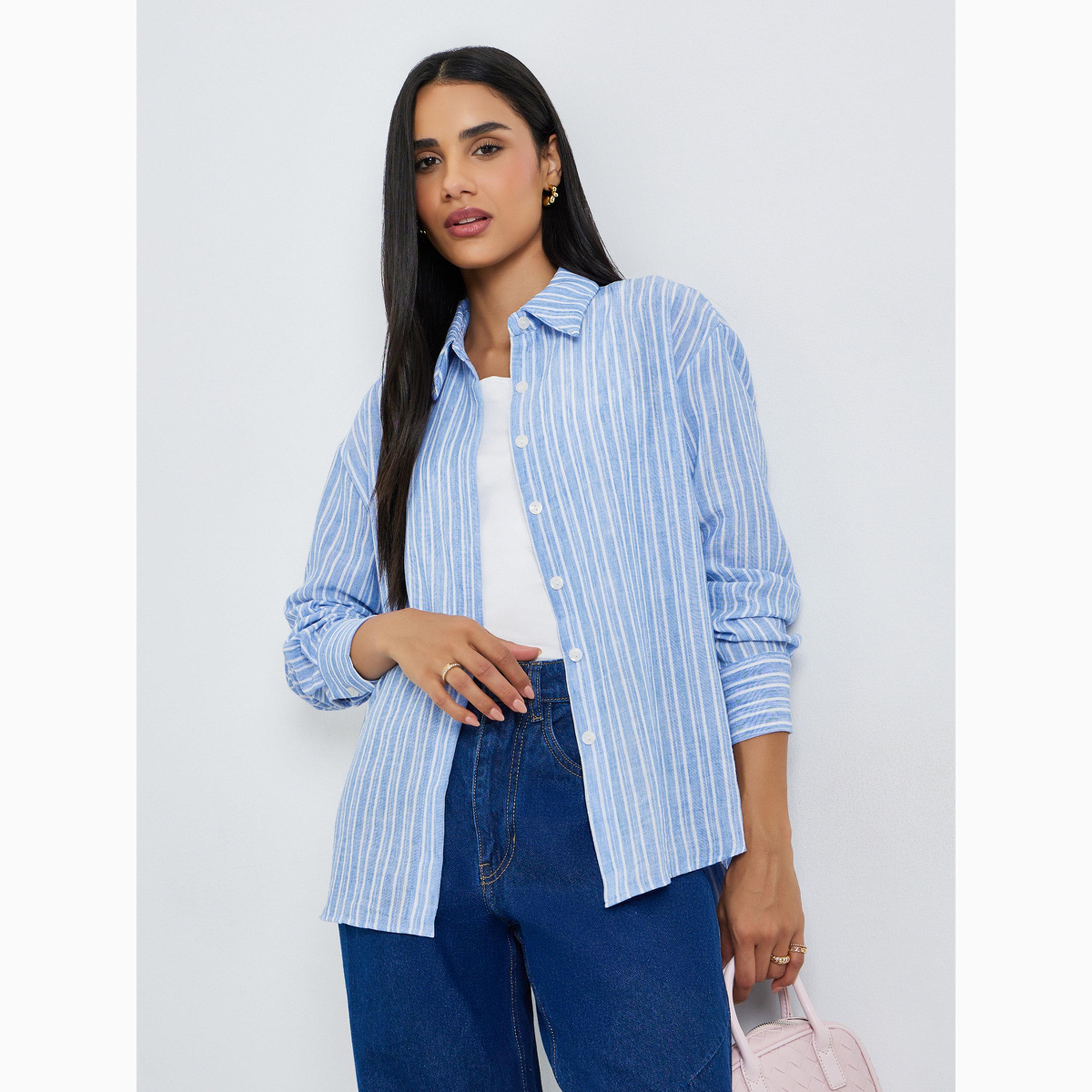 Styli Blue Striped Relaxed Fit Long Sleeve Shirt-women-clothing-shirtsandblouses-shirts-image-1