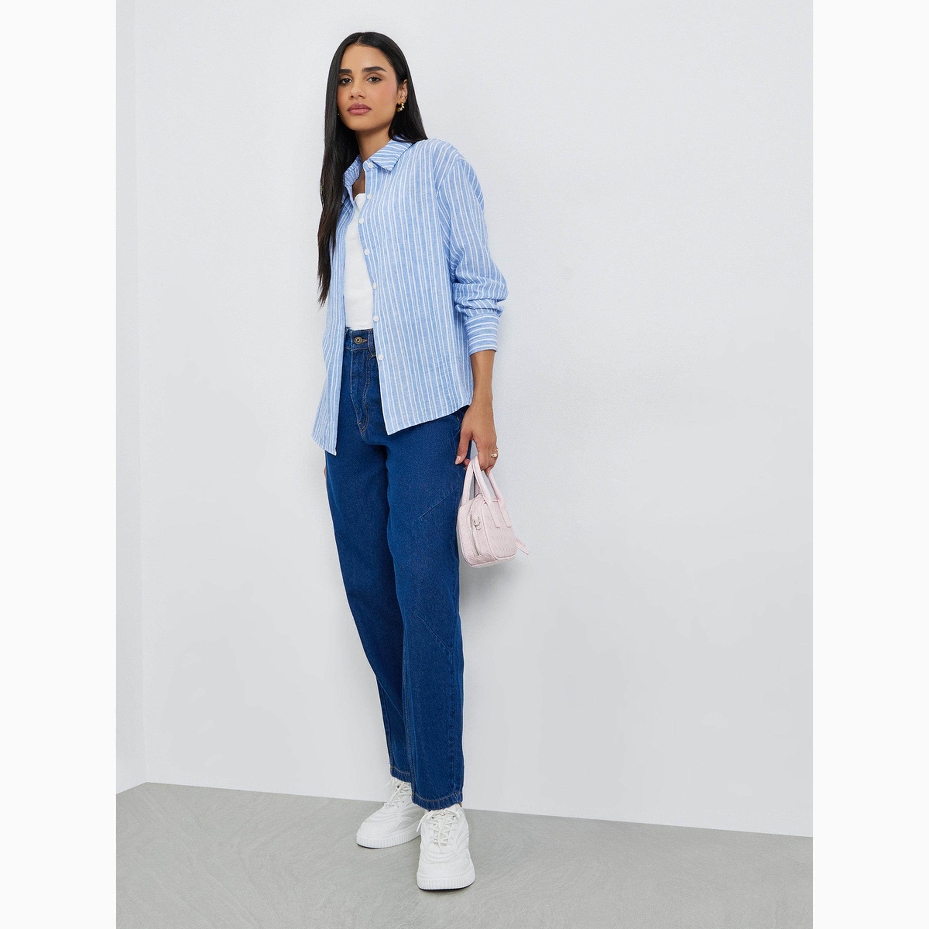 Styli Blue Striped Relaxed Fit Long Sleeve Shirt-women-clothing-shirtsandblouses-shirts-image-2