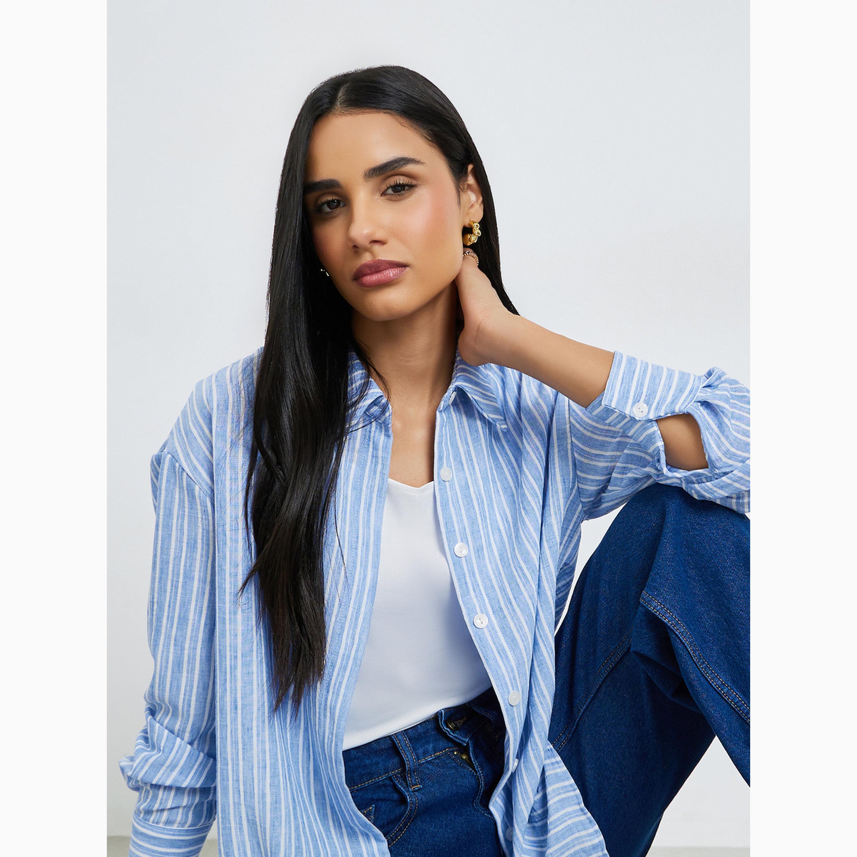 بلوزة بقصة مريحة وأكمام طويلة ومخططة أزرق-women-clothing-shirtsandblouses-shirts-image-3