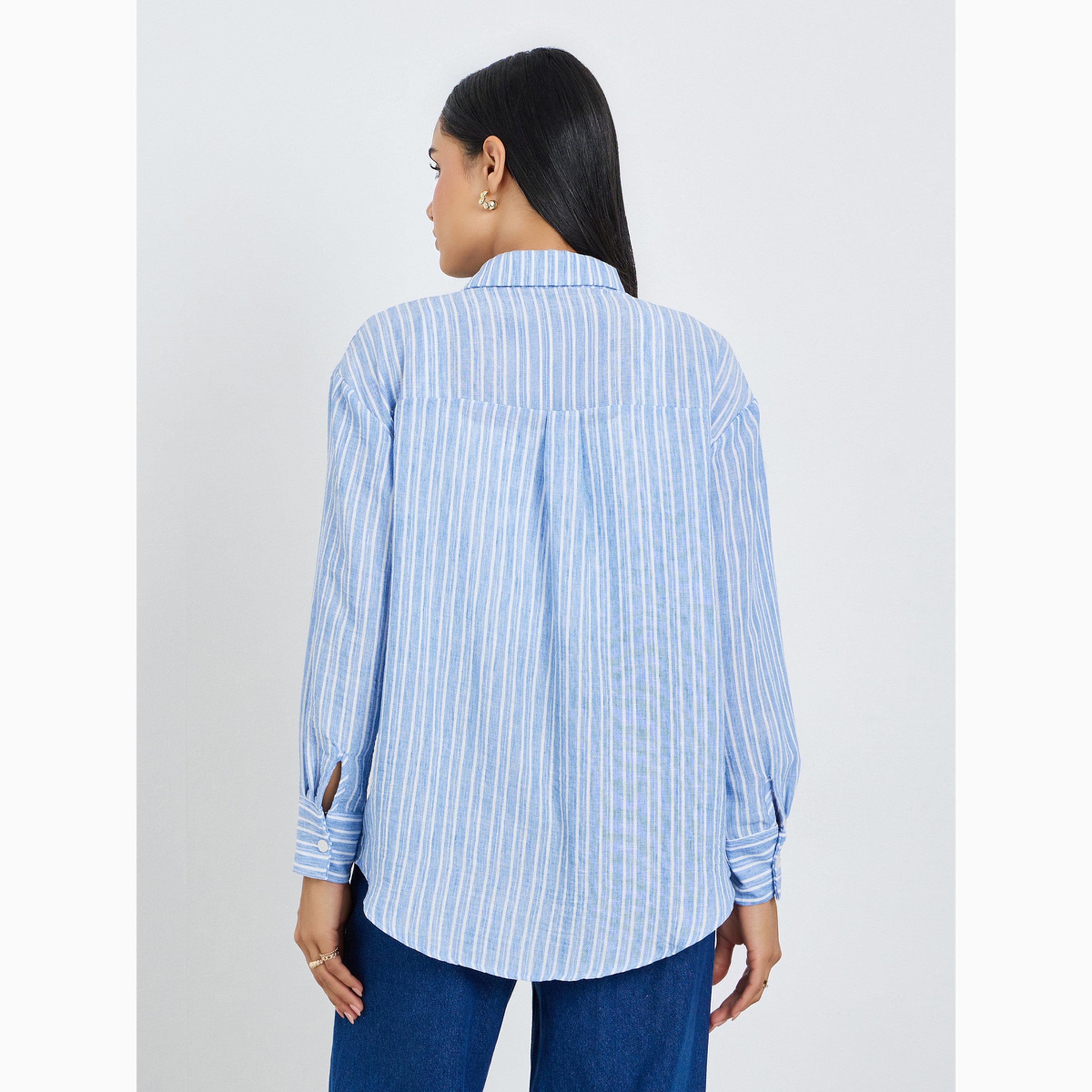 Styli Blue Striped Relaxed Fit Long Sleeve Shirt-women-clothing-shirtsandblouses-shirts-image-5