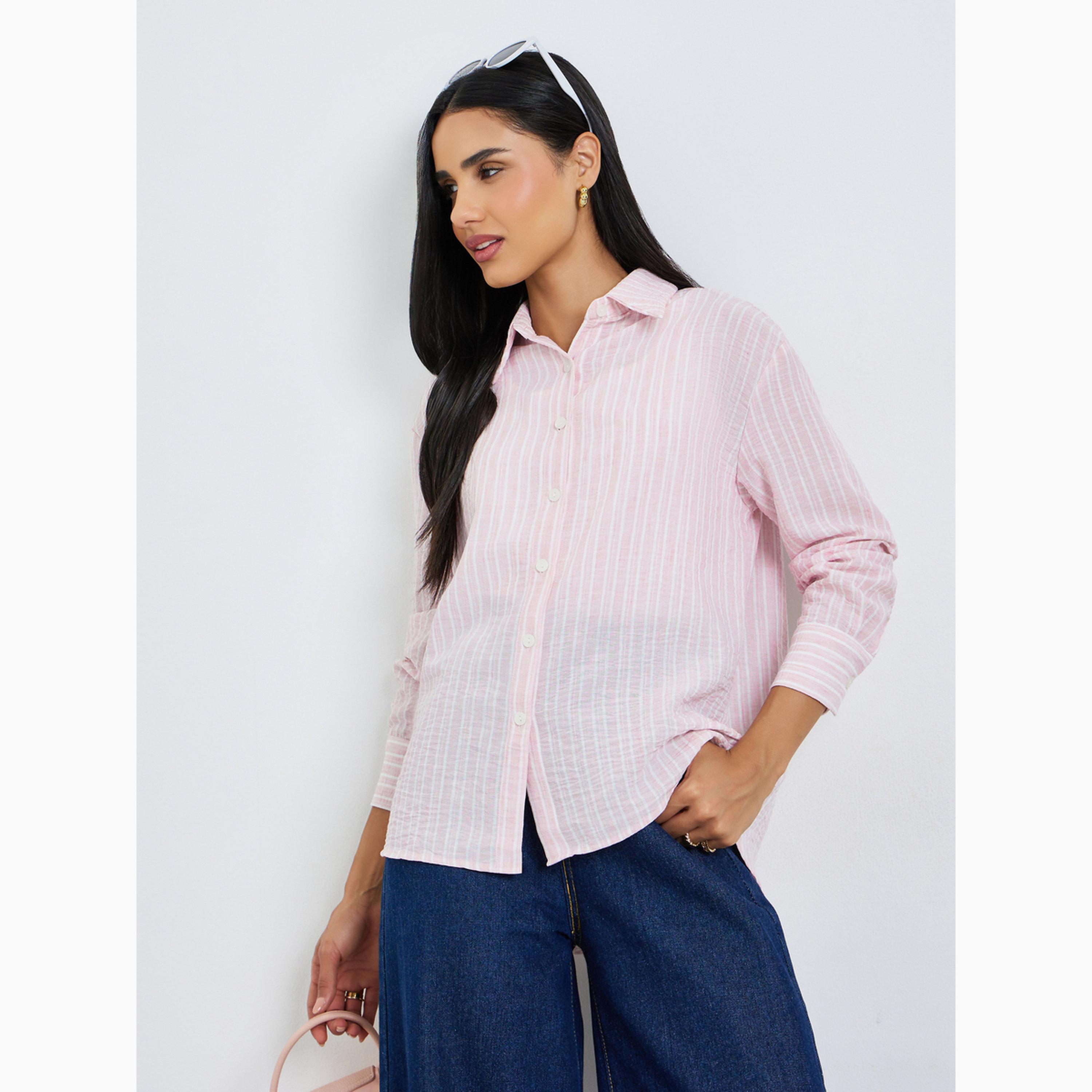 بلوزة بقصة مريحة وأكمام طويلة ومخططة-women-clothing-shirtsandblouses-shirts-image-1