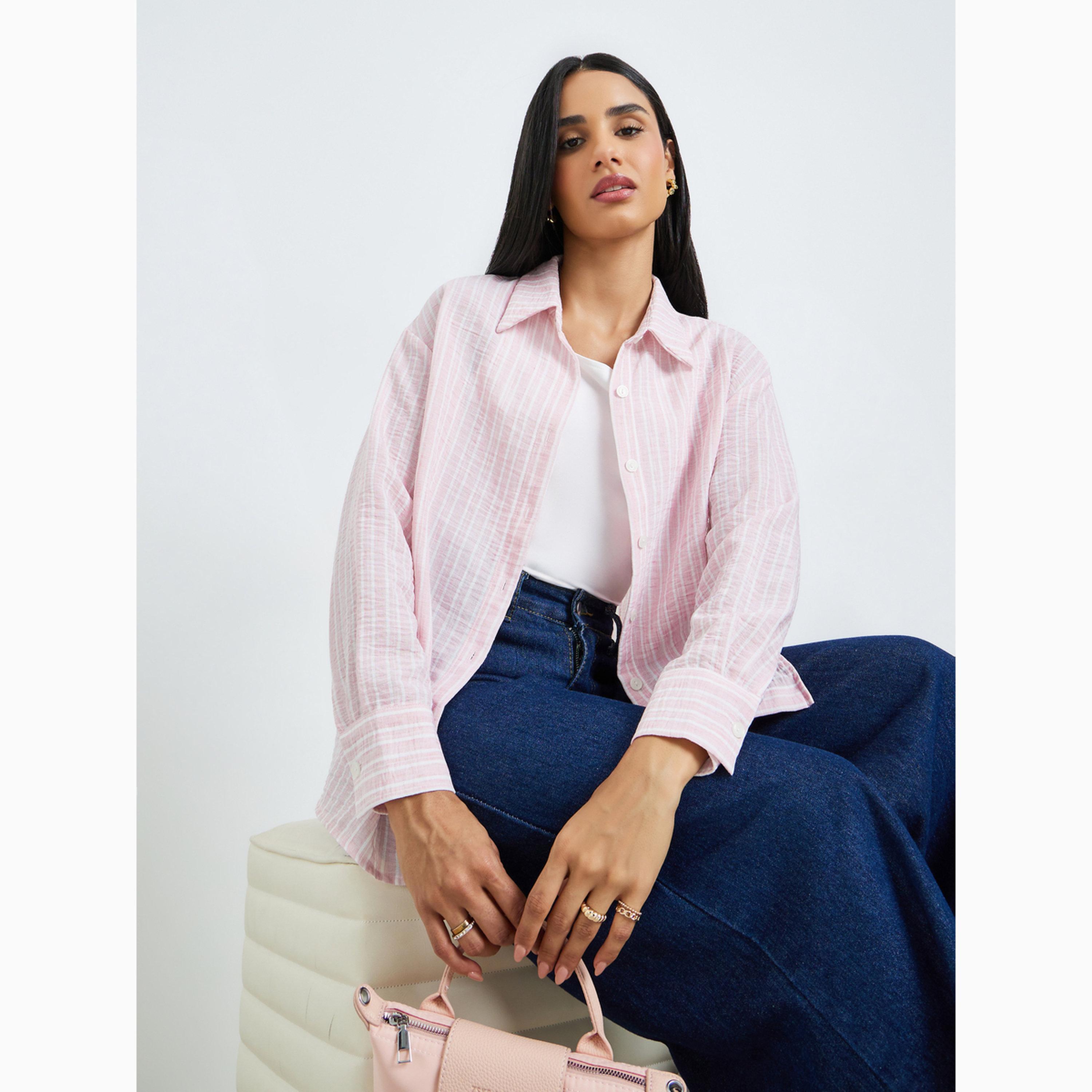 Styli Pink Striped Relaxed Fit Long Sleeve Shirt-women-clothing-shirtsandblouses-shirts-image-3