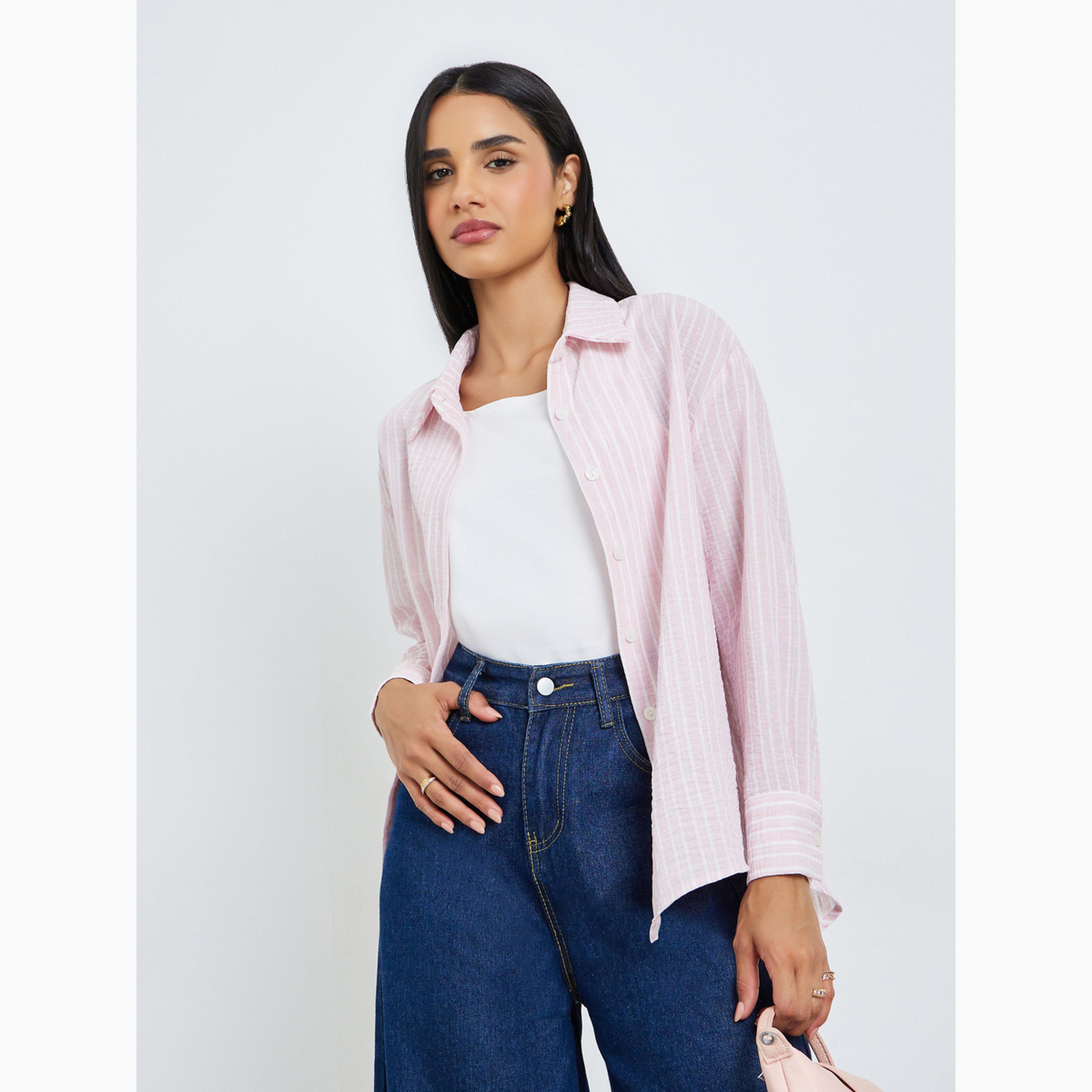 Styli Pink Striped Relaxed Fit Long Sleeve Shirt-women-clothing-shirtsandblouses-shirts-image-5