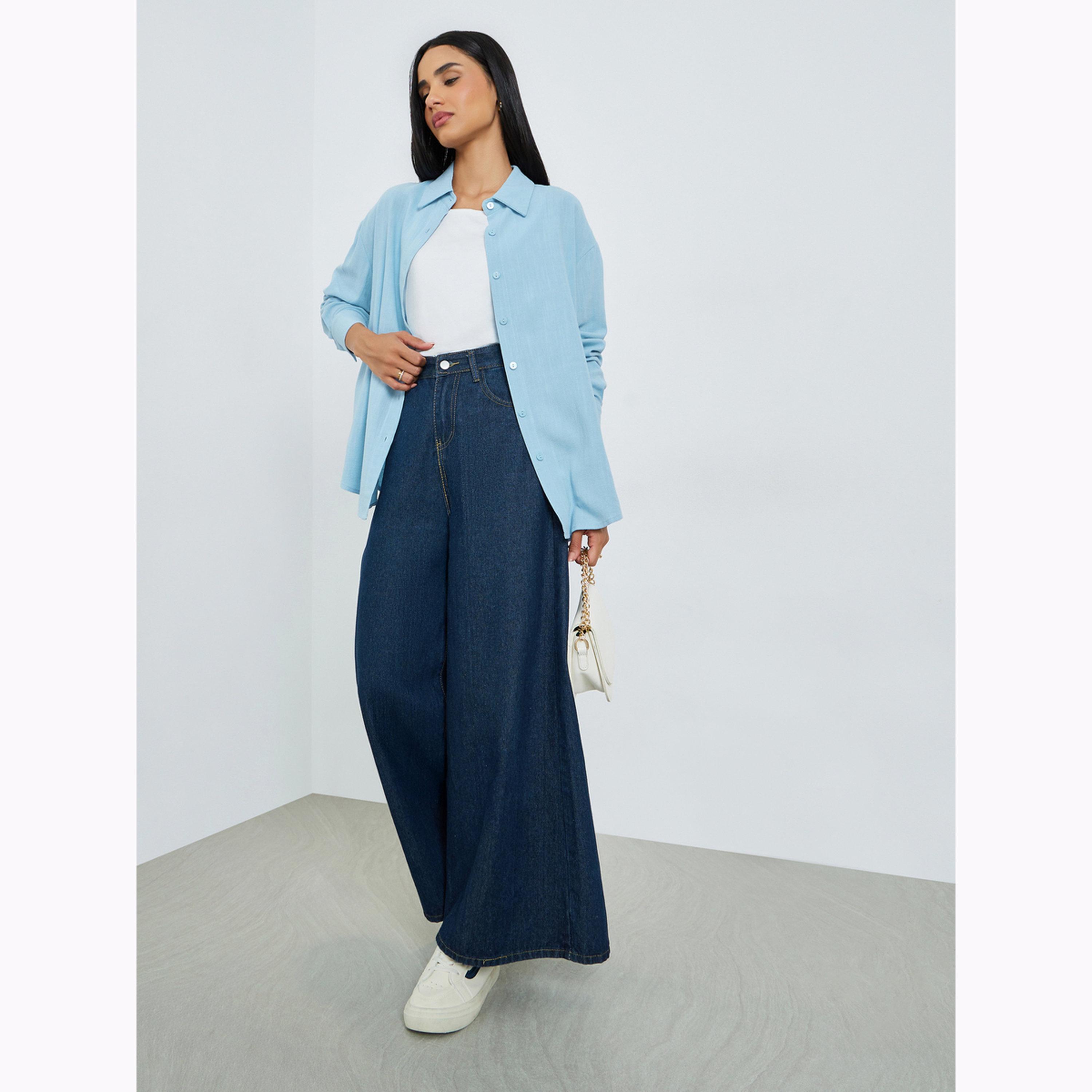 Styli Blue Linen Blend Oversized Shirt-women-clothing-shirtsandblouses-shirts-image-2