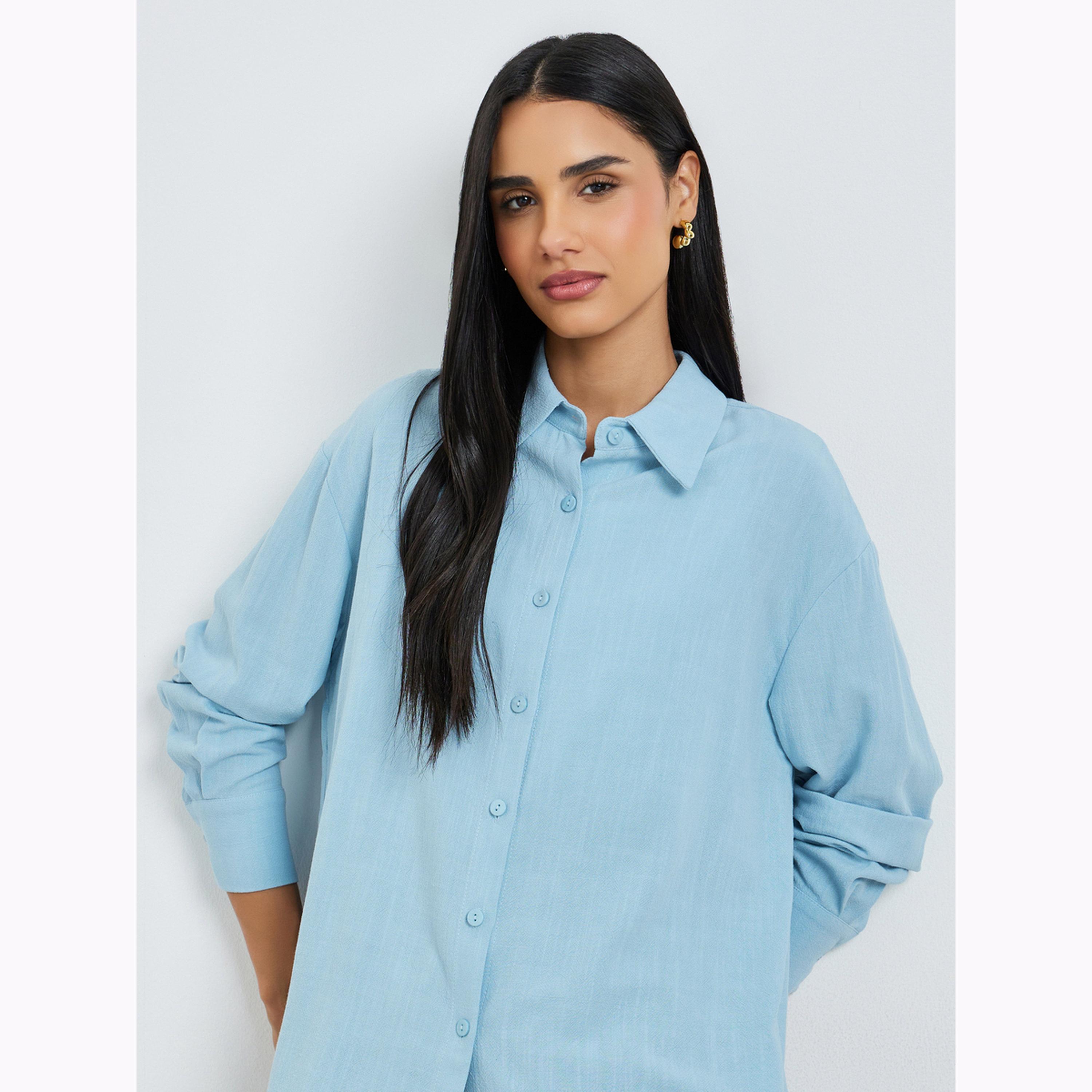 Styli Blue Linen Blend Oversized Shirt-women-clothing-shirtsandblouses-shirts-image-3
