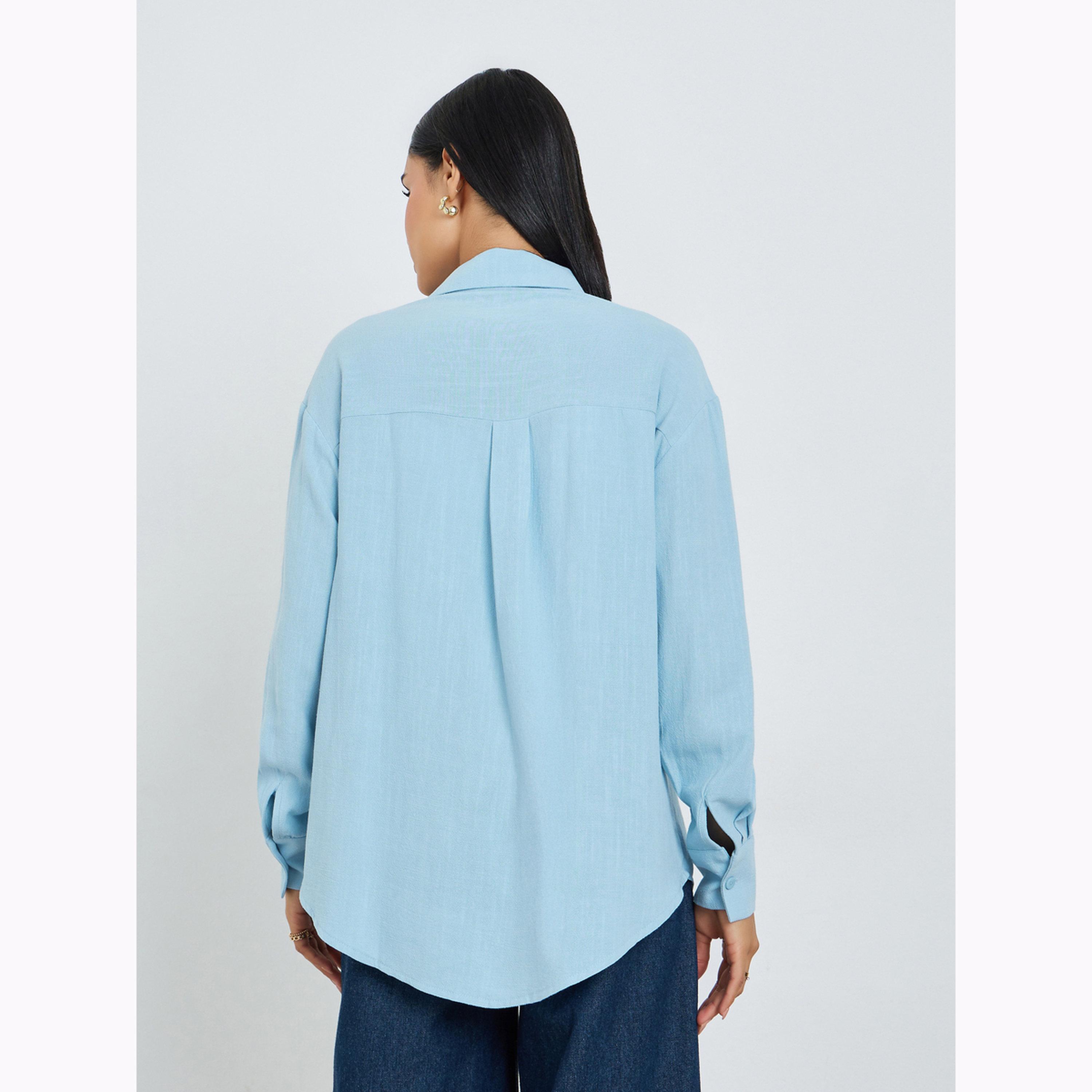 Styli Blue Linen Blend Oversized Shirt-women-clothing-shirtsandblouses-shirts-image-4