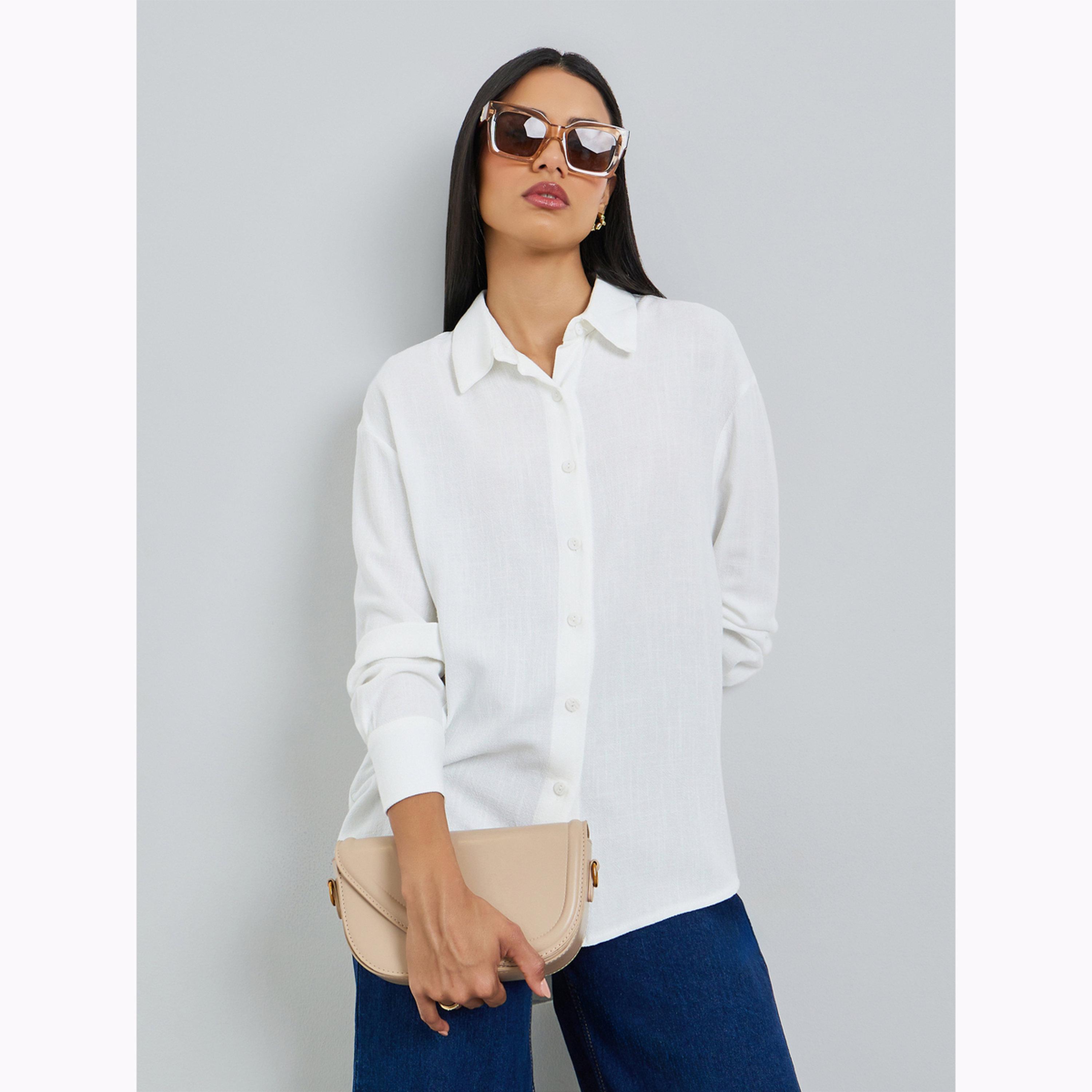 Styli Off White Solid Linen Blend Relaxed Fit Shirt-women-clothing-shirtsandblouses-shirts-image-1