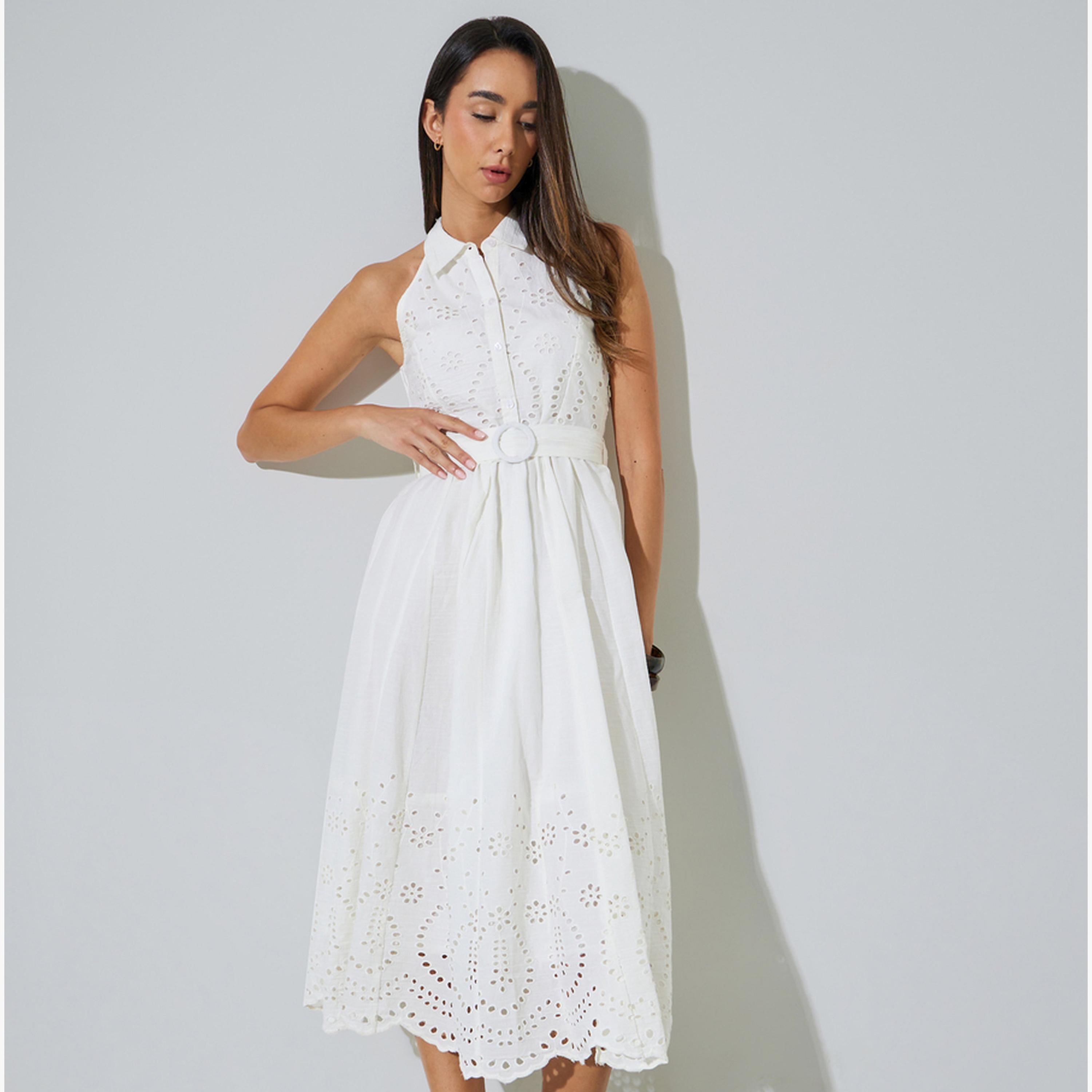 Styli White Broderie Sleeveless Shirt Midi Dress-women-clothing-dresses-image-1