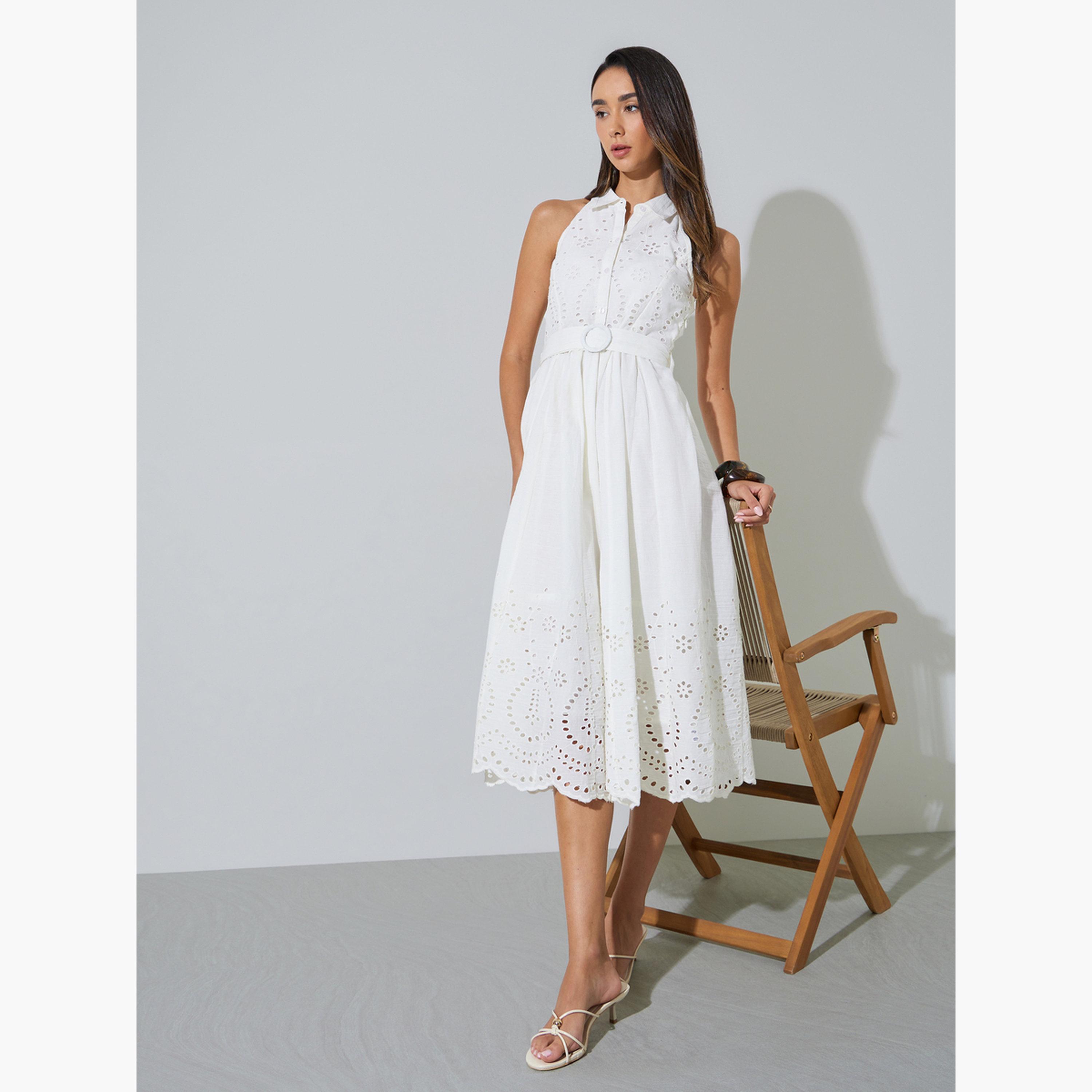 Styli White Broderie Sleeveless Shirt Midi Dress-women-clothing-dresses-image-2