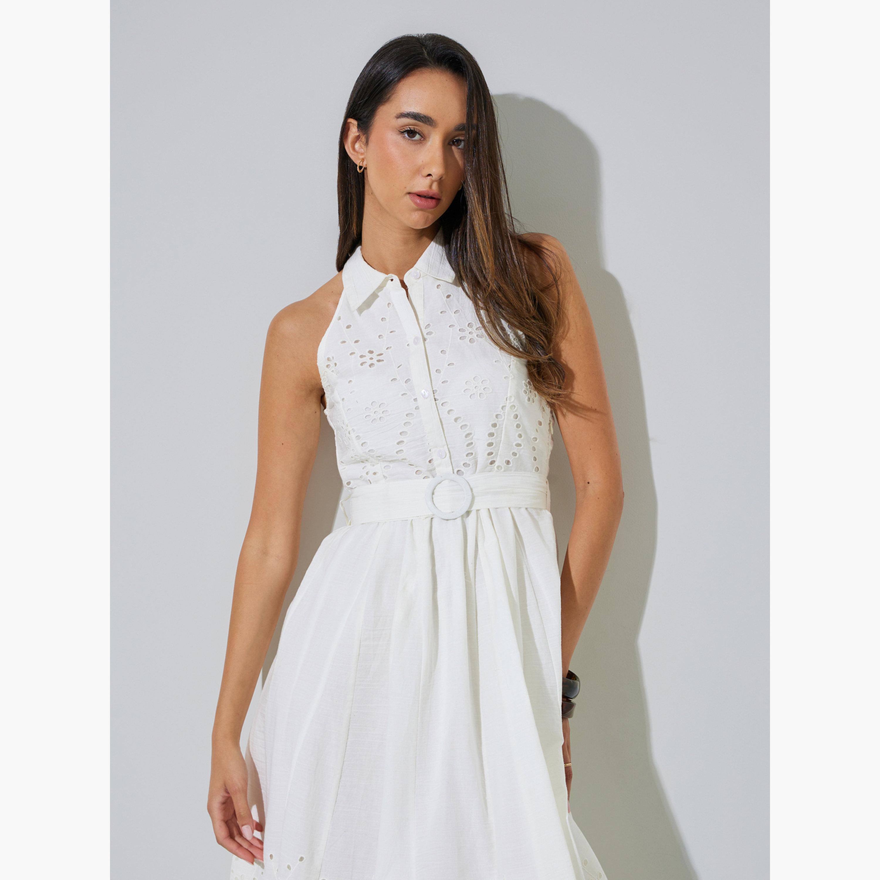 Styli White Broderie Sleeveless Shirt Midi Dress-women-clothing-dresses-image-3