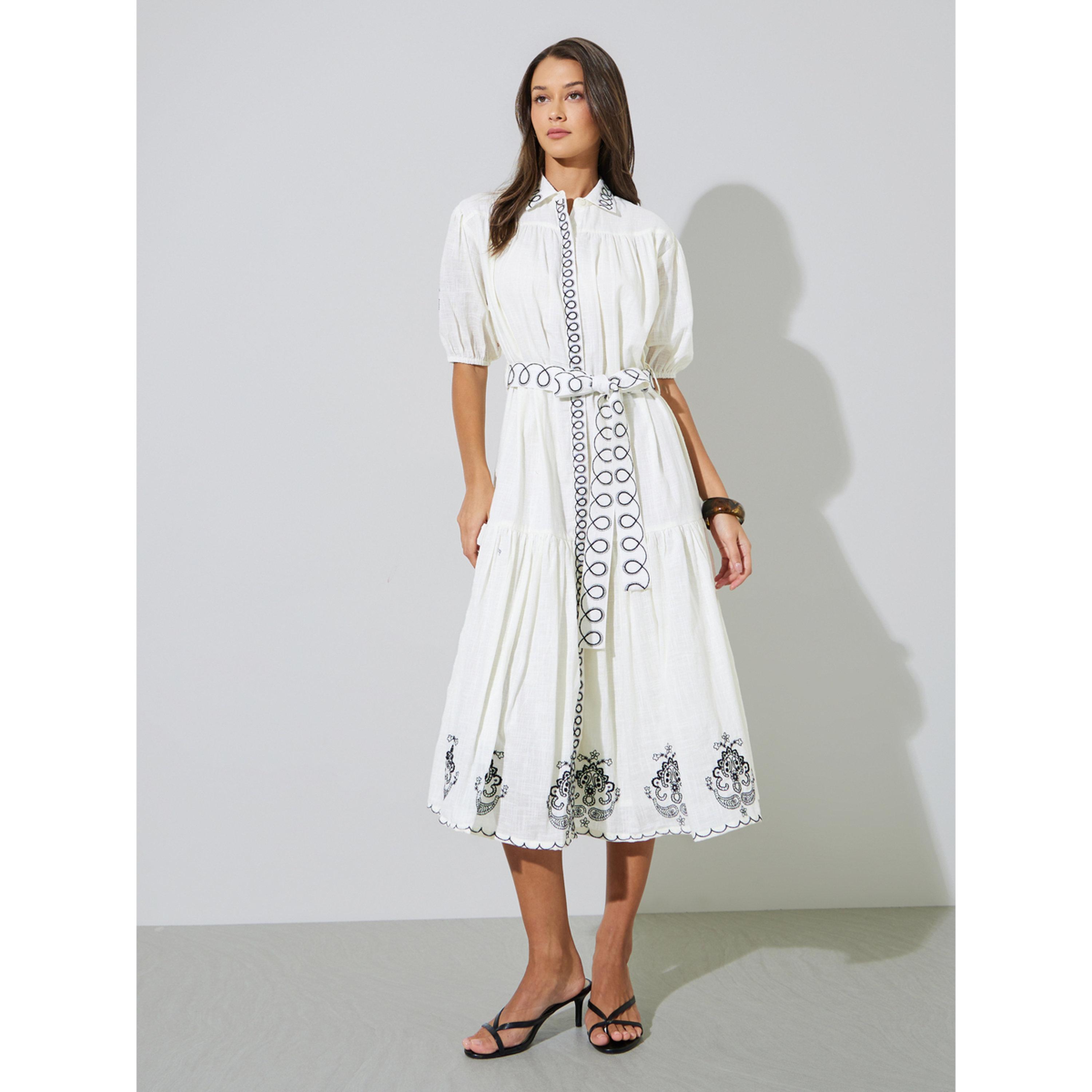 Styli Off White Embroidered Short Puffed Sleeves Shirt Midi Dress-women-clothing-dresses-image-1