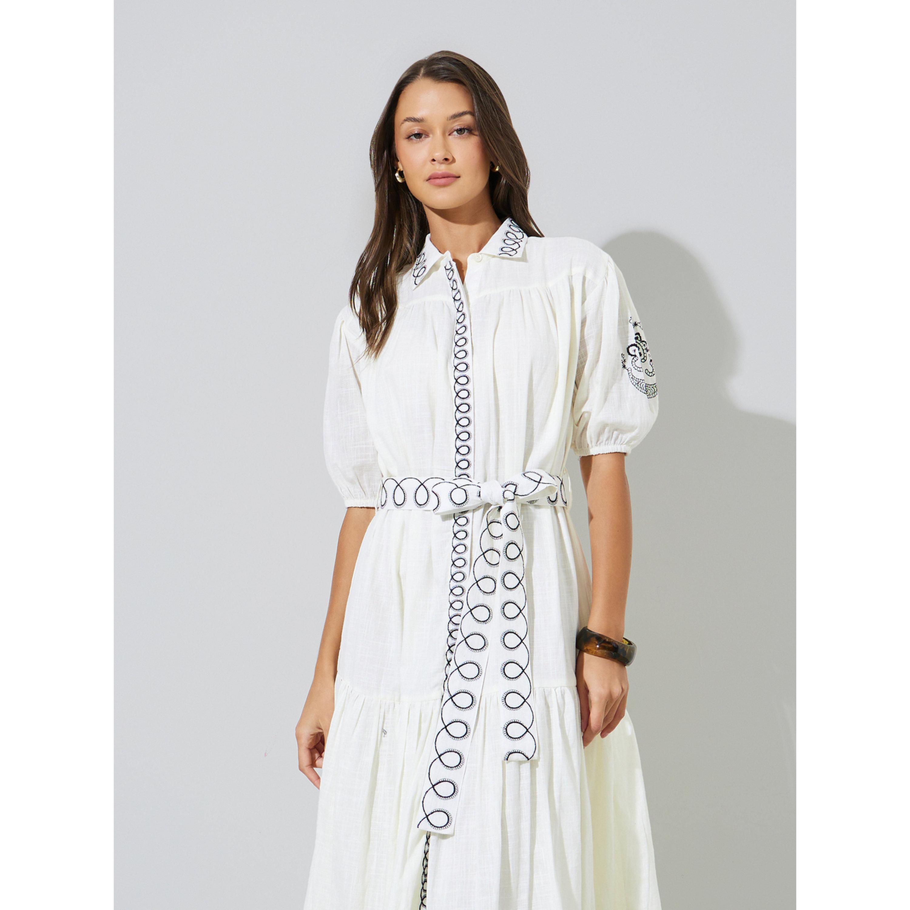 Styli Off White Embroidered Short Puffed Sleeves Shirt Midi Dress-women-clothing-dresses-image-2