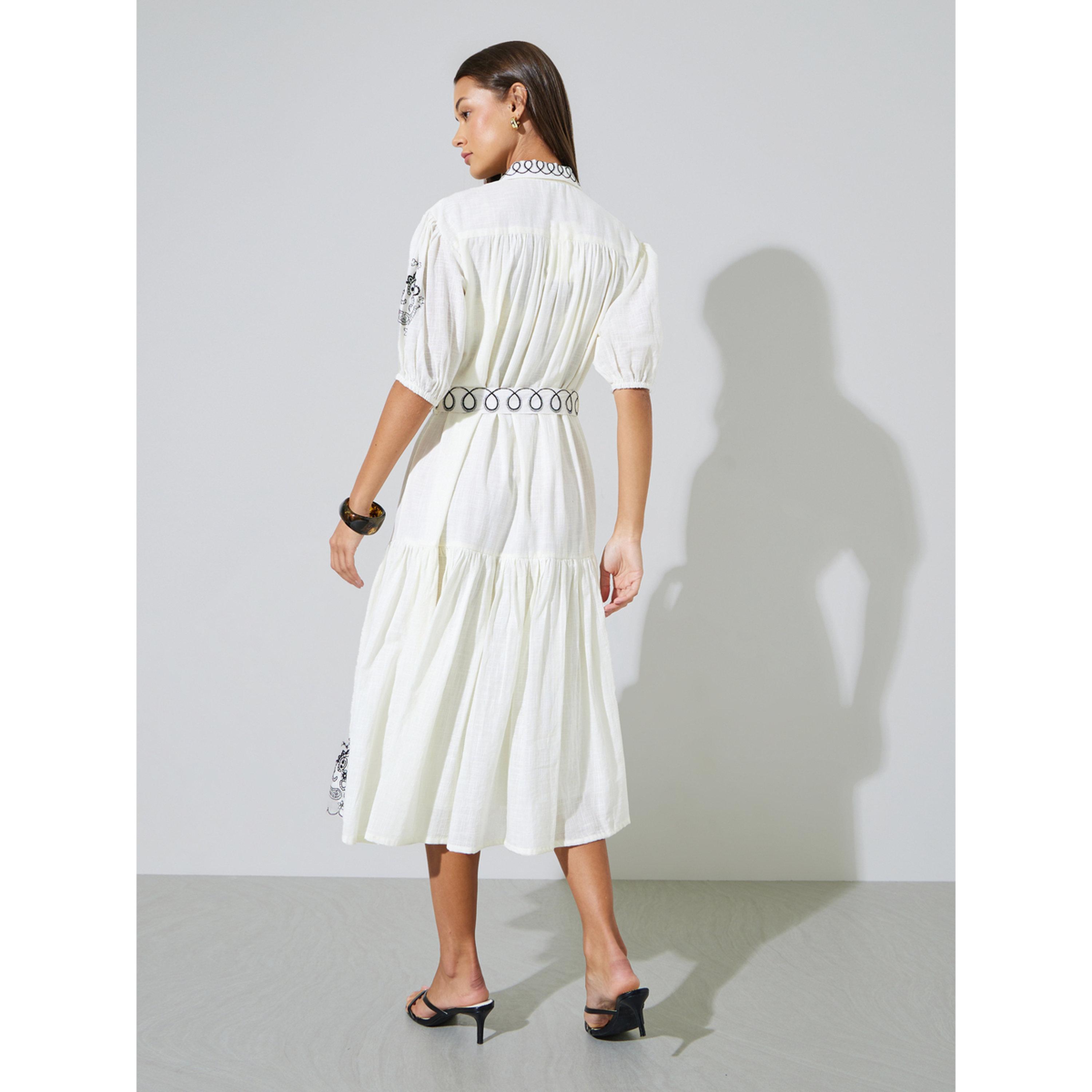 Styli Off White Embroidered Short Puffed Sleeves Shirt Midi Dress-women-clothing-dresses-image-3